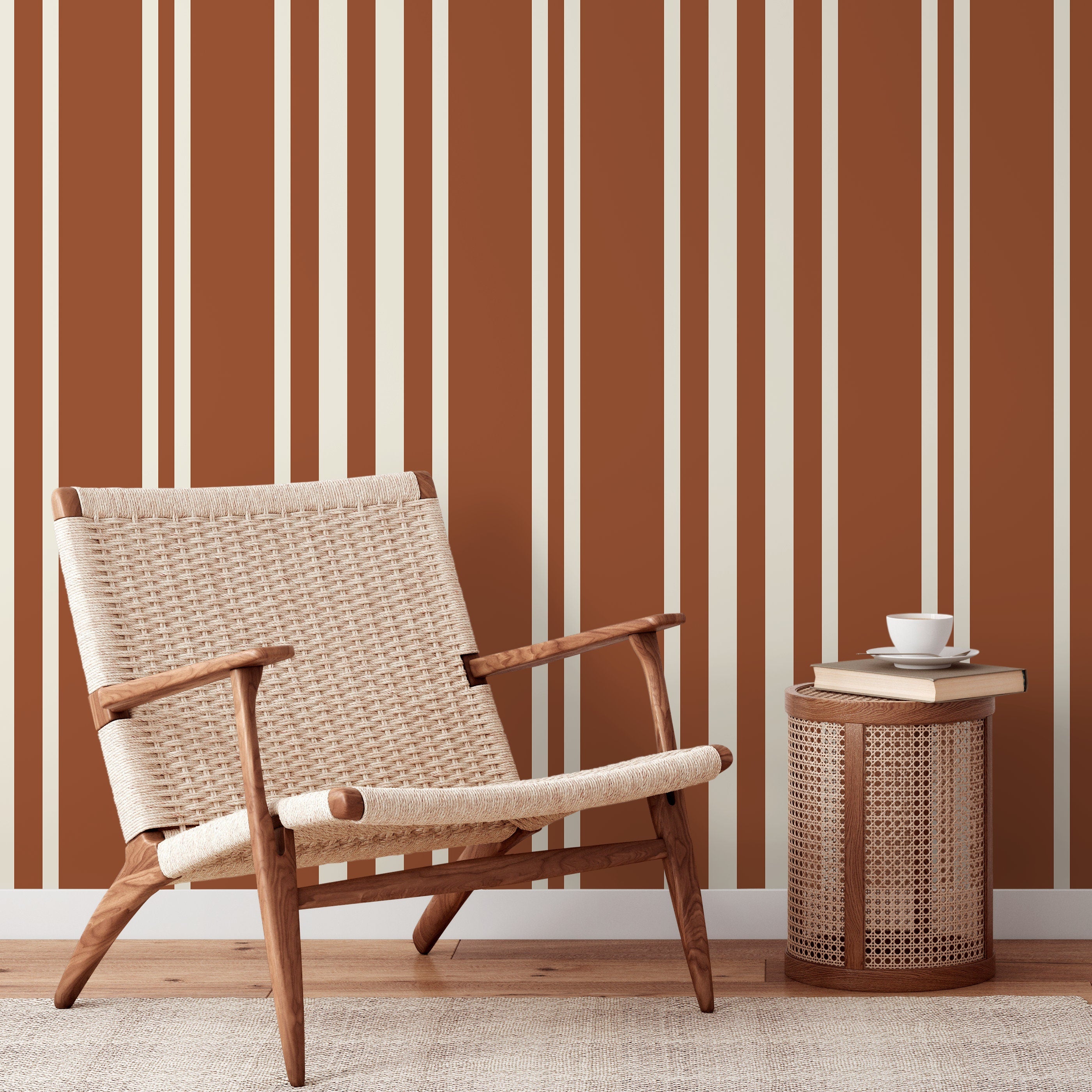 Striped Wallpaper With A Modern Vertical Pattern In Terracotta And Cream - D789