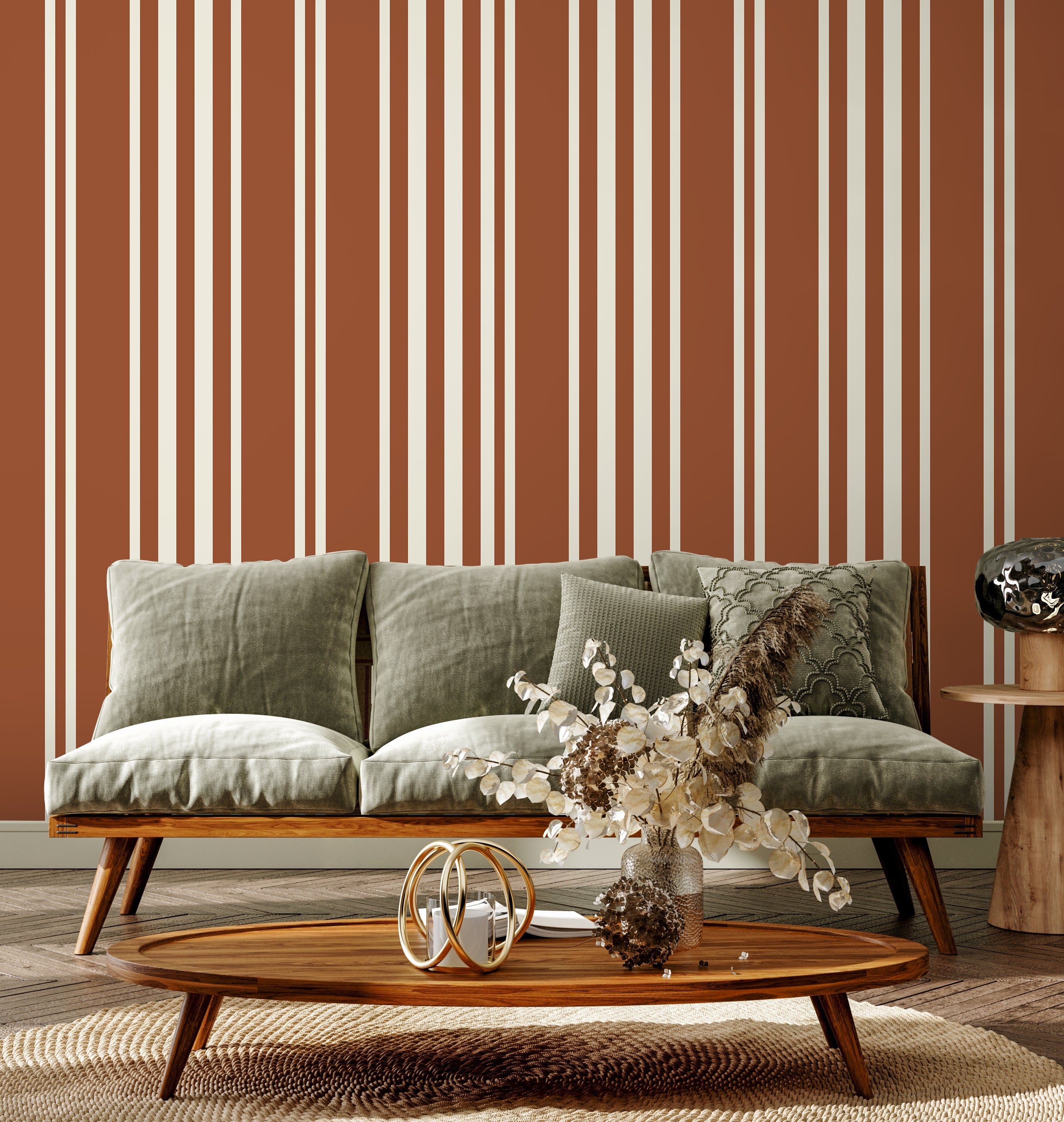 Striped Wallpaper With A Modern Vertical Pattern In Terracotta And Cream - D789
