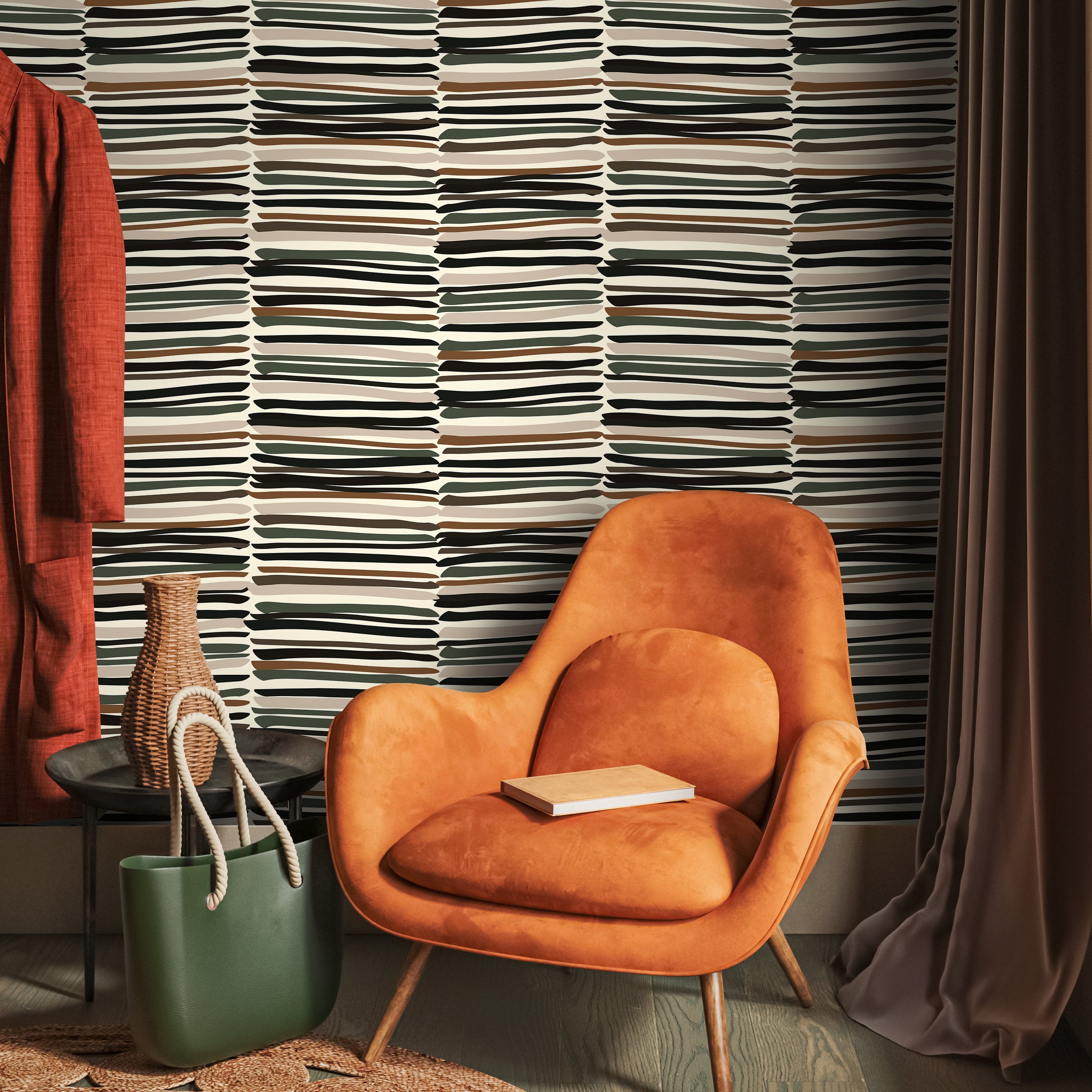 Abstract Wallpaper With Irregular Brushstroke Stripes In Black, Brown, And Green - D793