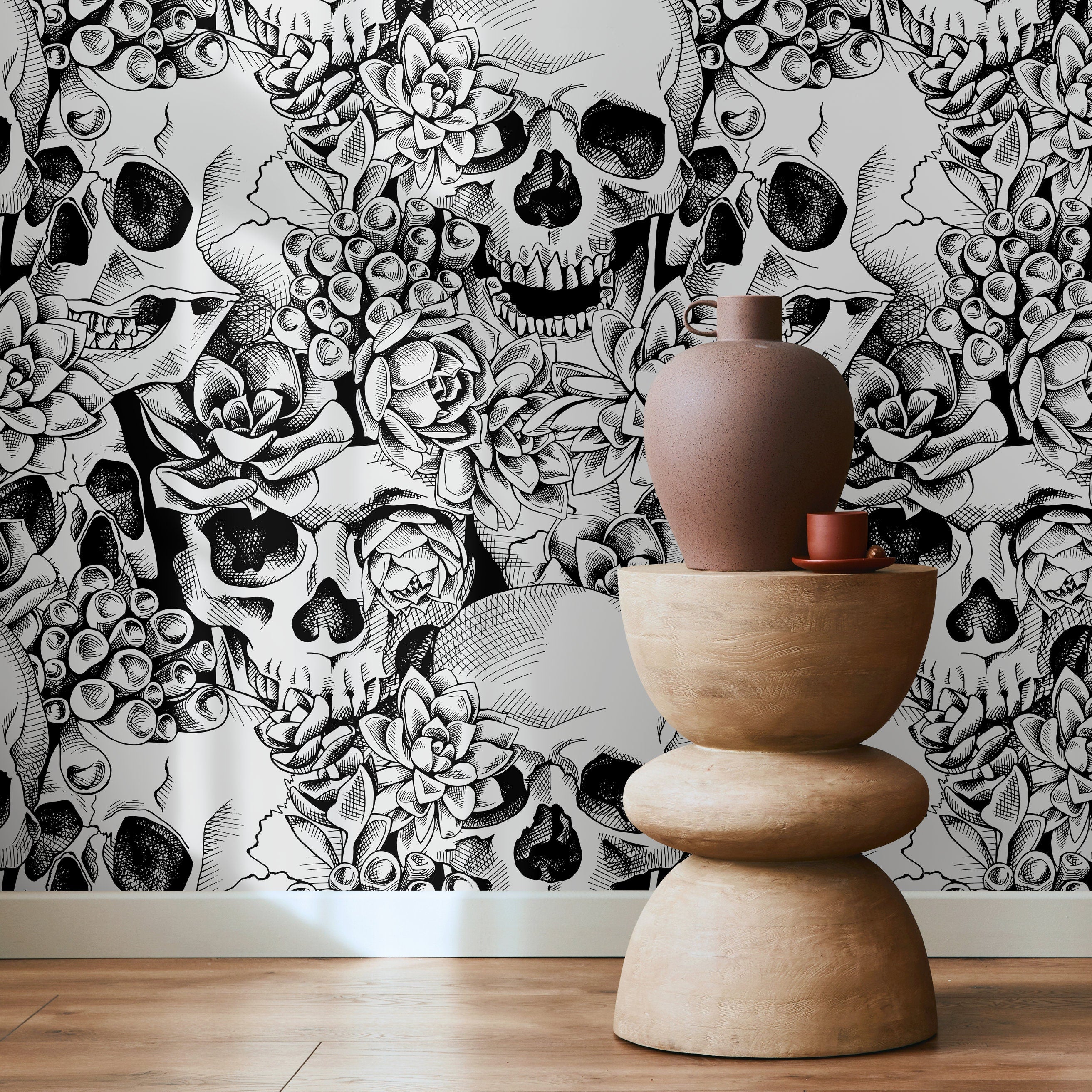 Gothic Wallpaper With Skulls And Succulents In Black And White - D866