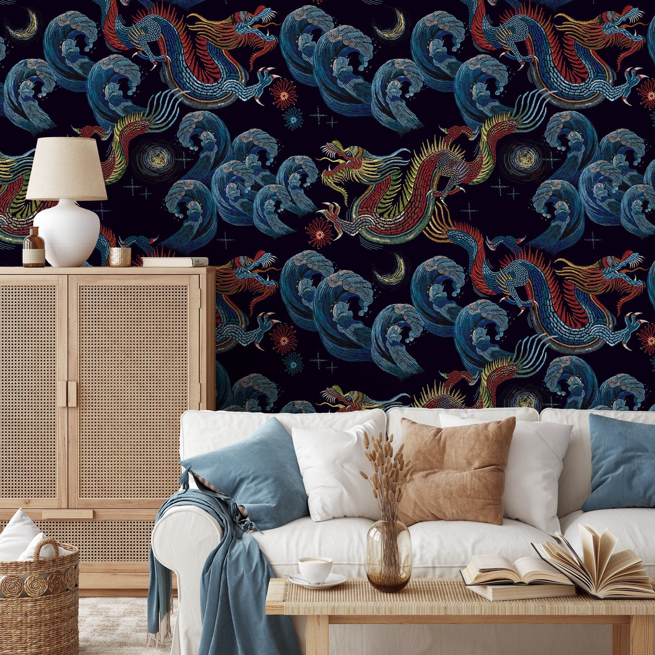 Chinoiserie Wallpaper With An Embroidered Dragon In Red, Blue, And Yellow - D875