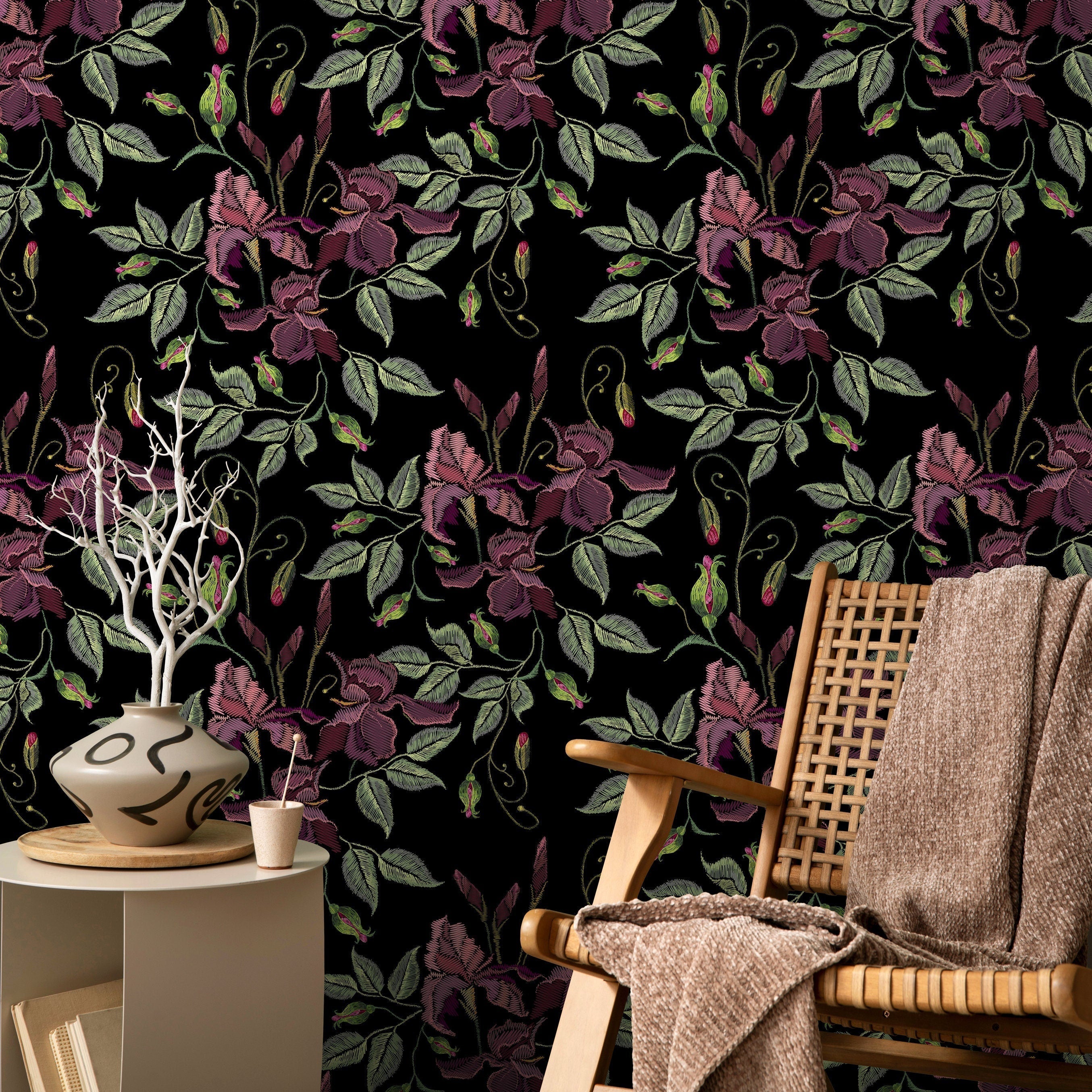 Floral Wallpaper With An Embroidered Iris Motif In Purple, Pink, And Green - D868