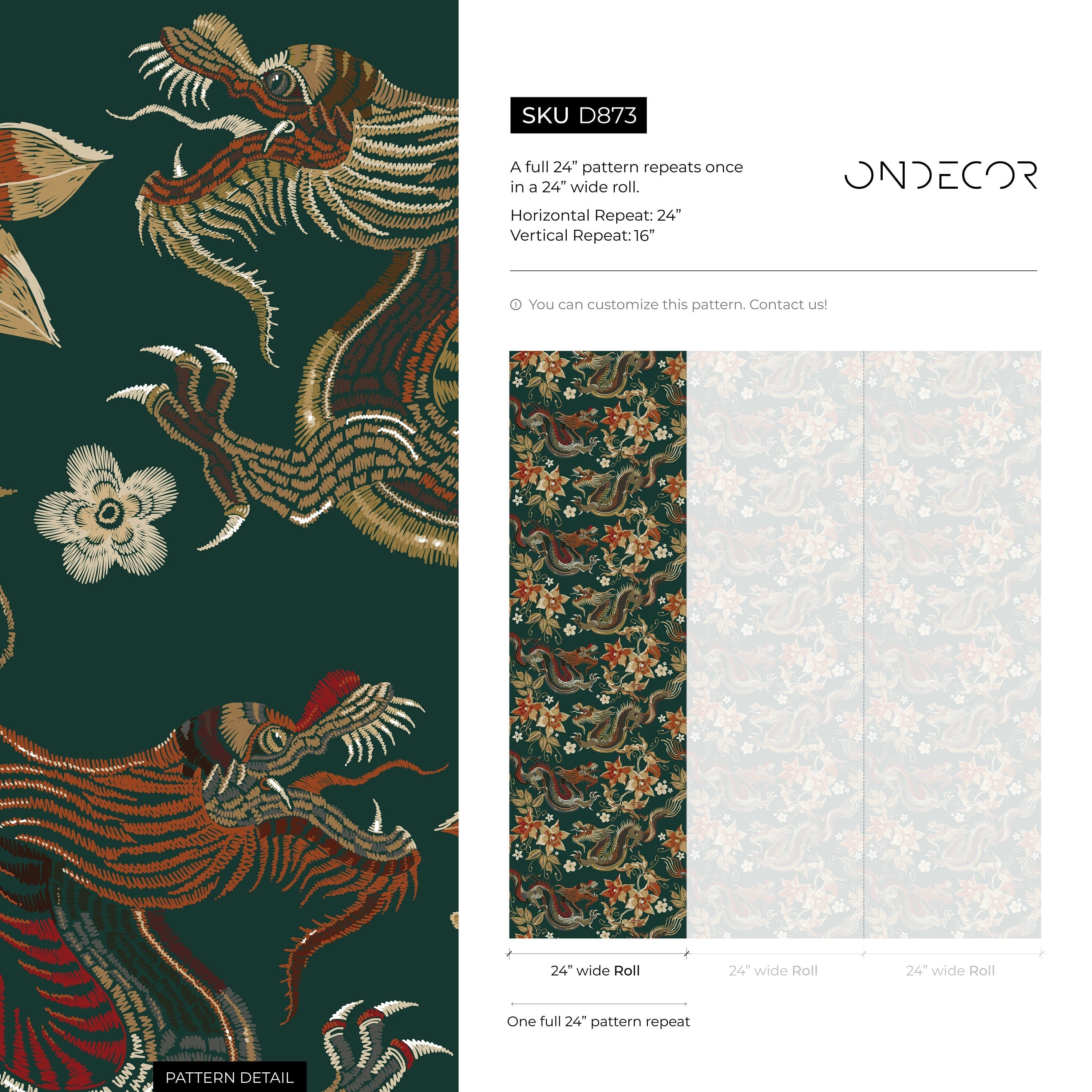 Chinoiserie Wallpaper With An Embroidered Dragon Motif In Green, Gold, And Orange - D873