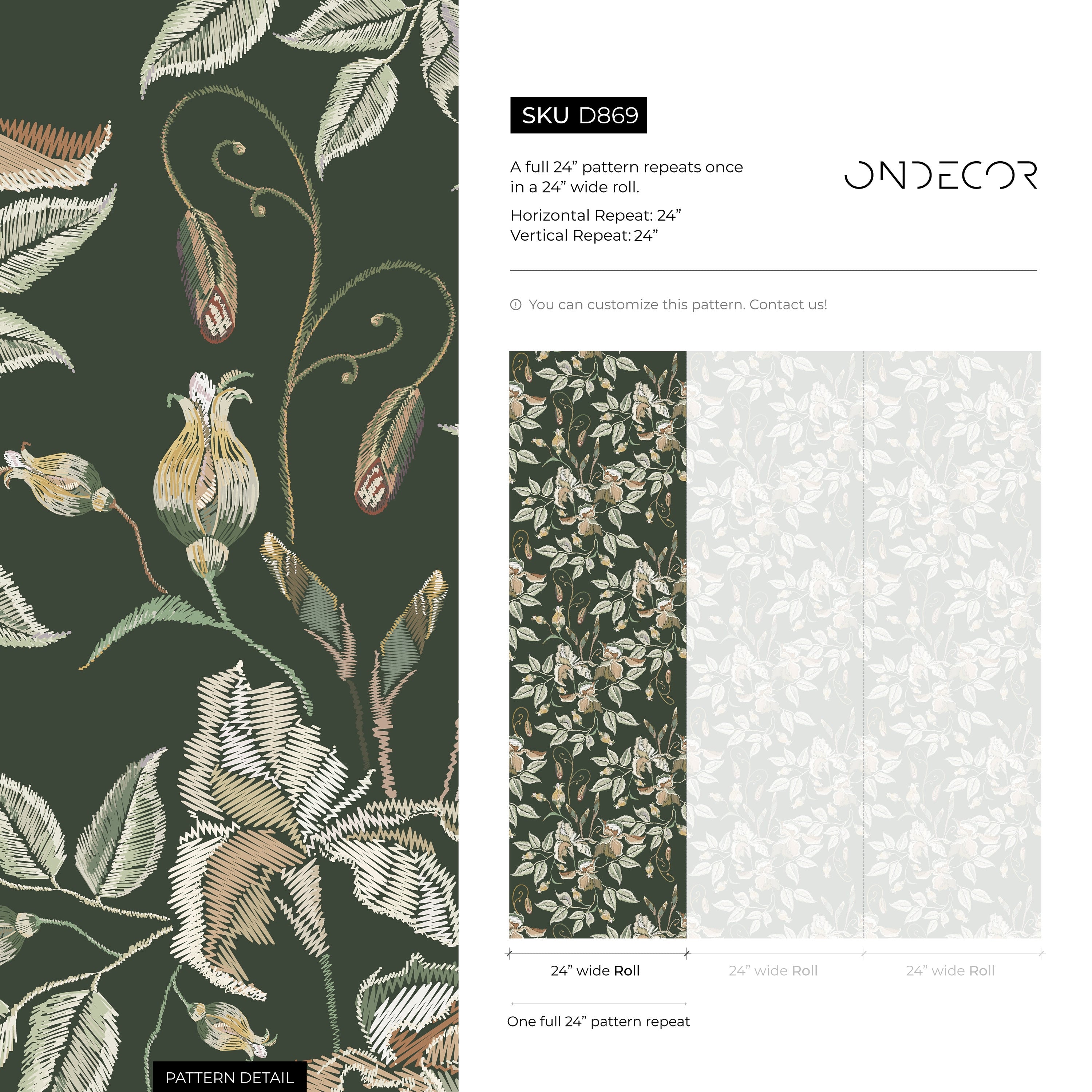 Floral Wallpaper With An Embroidered Motif In Green, Beige, And White - D869