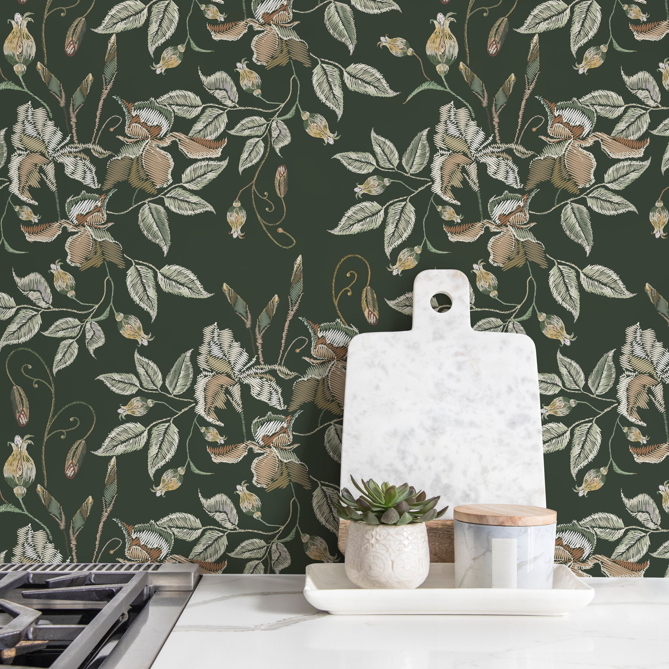 Floral Wallpaper With An Embroidered Motif In Green, Beige, And White - D869