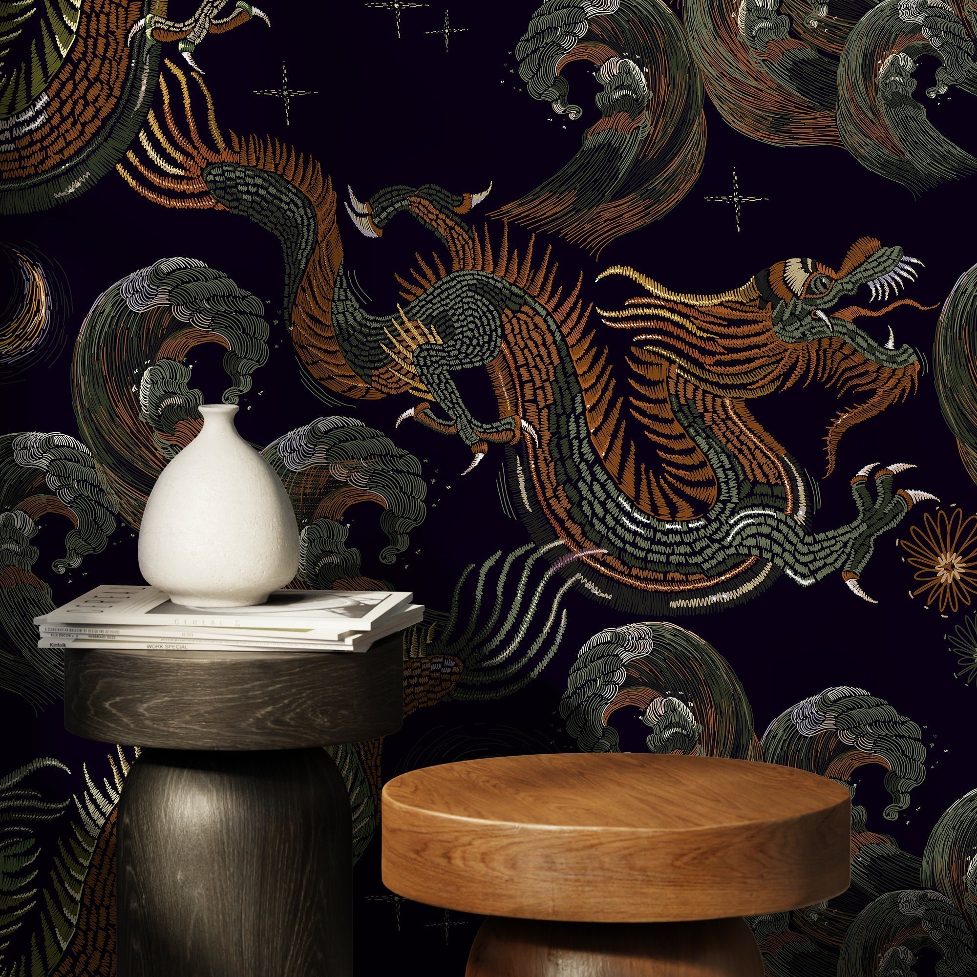 Chinoiserie Wallpaper With An Embroidered Dragon Motif In Black, Orange, And Green - D877