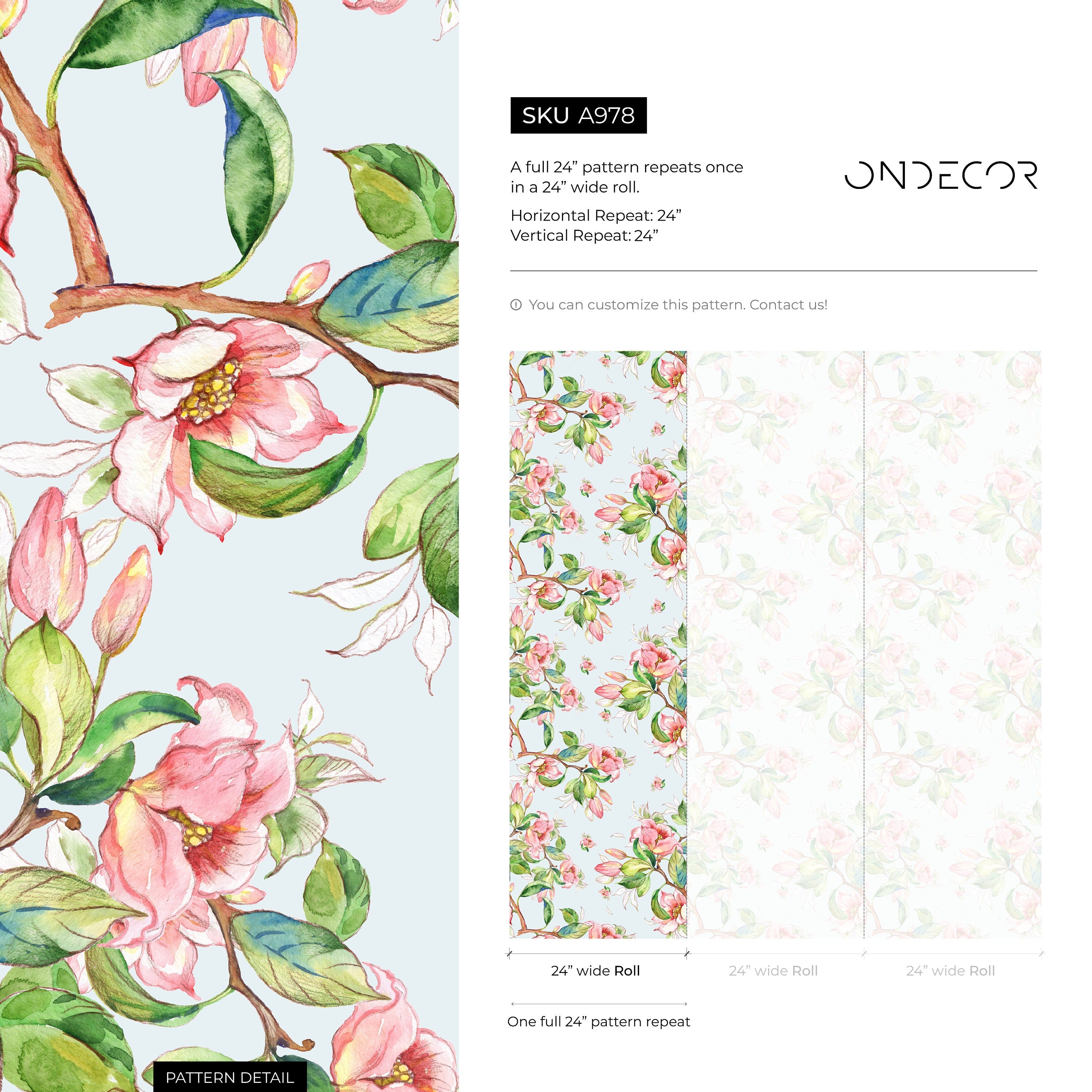 Floral Wallpaper With Watercolor Flowering Branches In Pink, Green, And Blue - A978