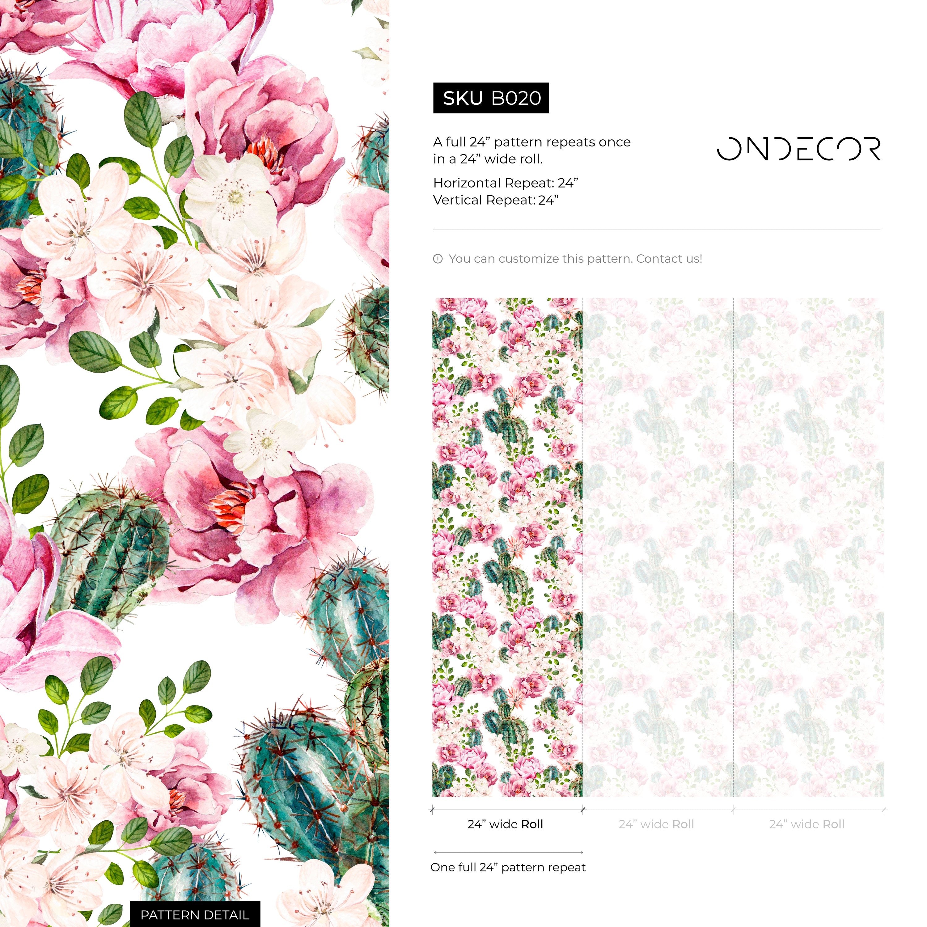 Floral Wallpaper With Blooming Roses And Cactus In Pink And Green - B020