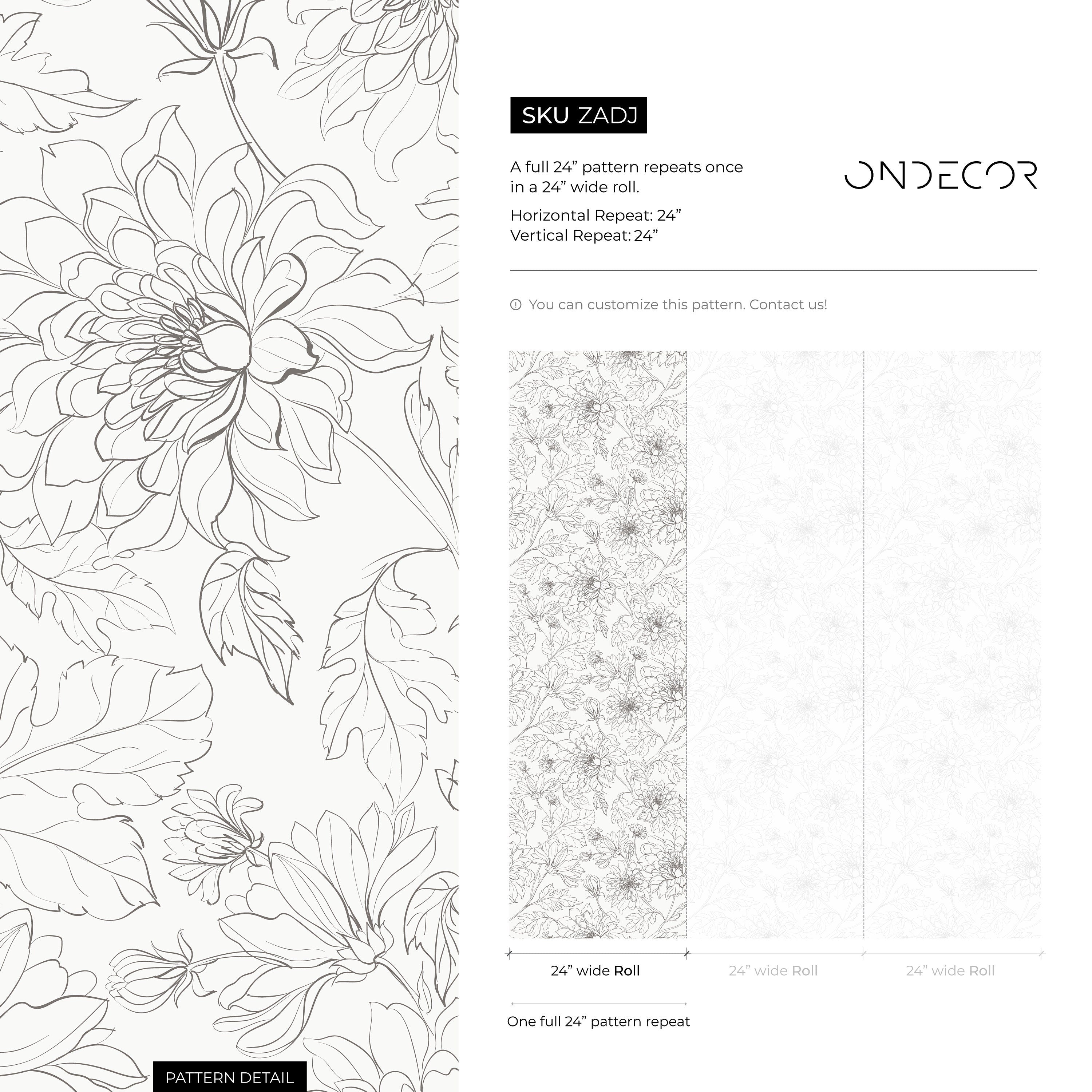 Floral Wallpaper With Chrysanthemum Line Art In Black And White - Zadj