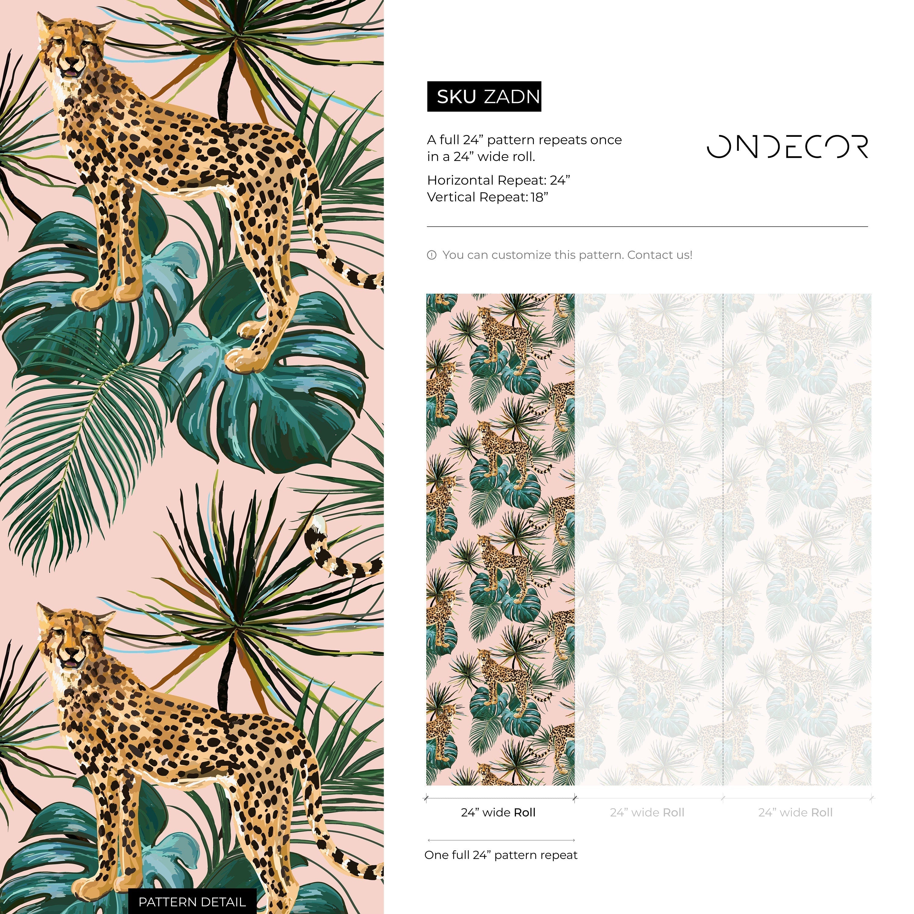 Animal Wallpaper With Cheetahs And Tropical Leaves In Pink And Green - Zadn