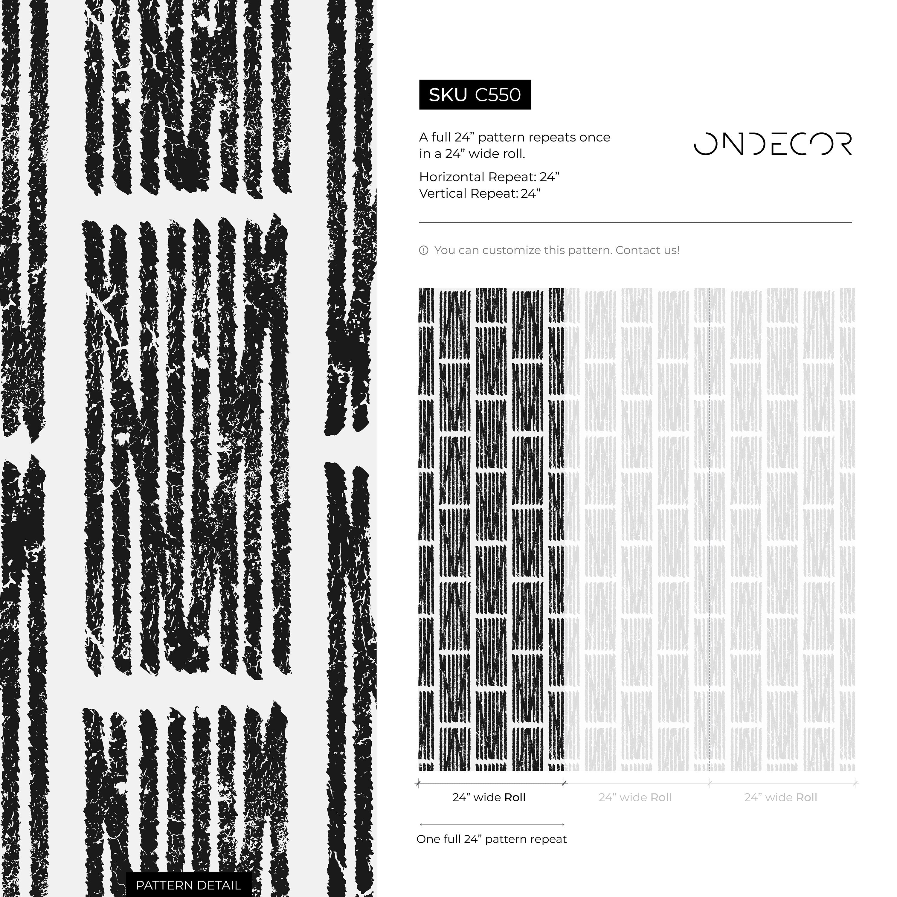 Geometric Wallpaper With A Distressed Block Print Motif In Black And White - C550