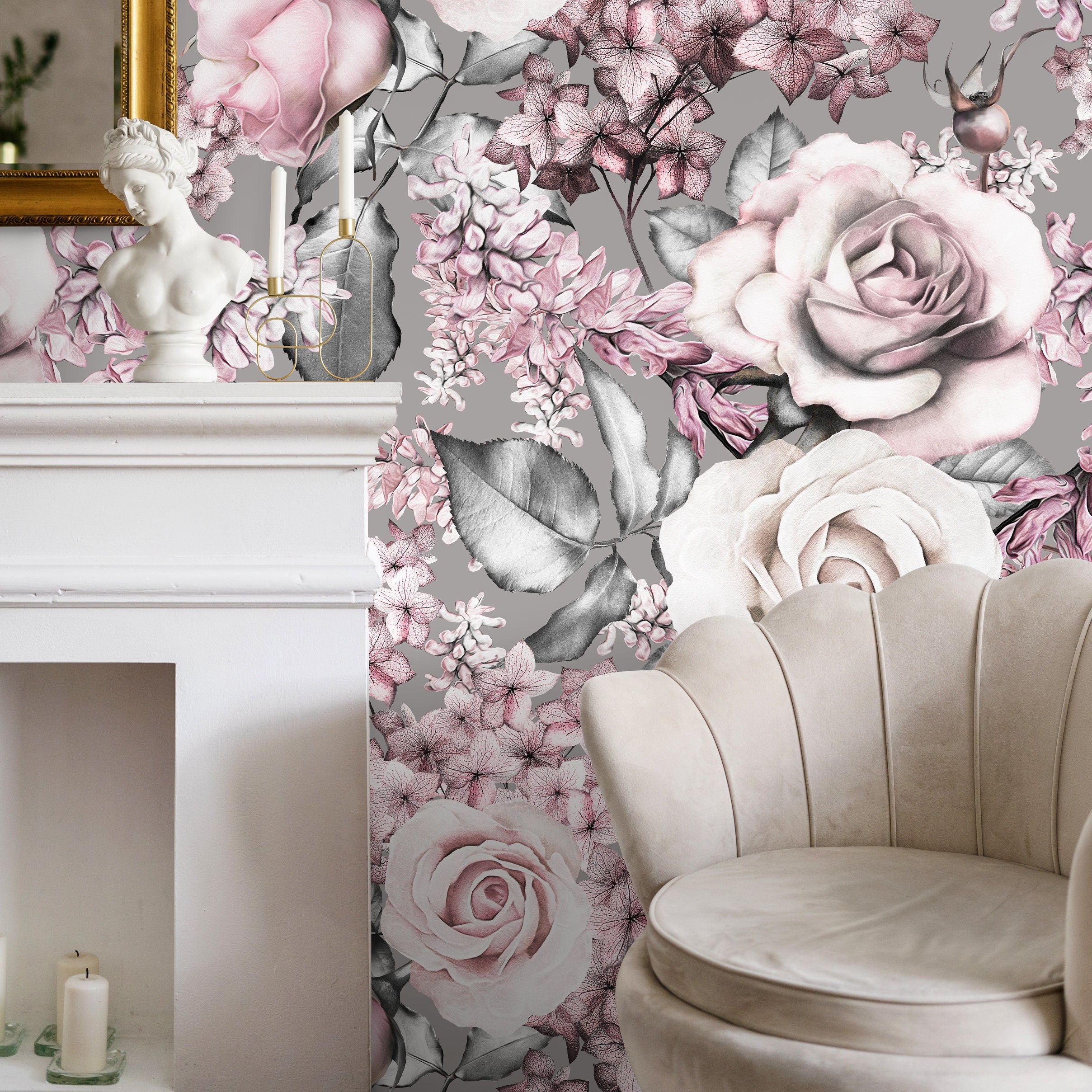 Floral Wallpaper With Roses And Hydrangeas In Pink, Gray, And White - A548