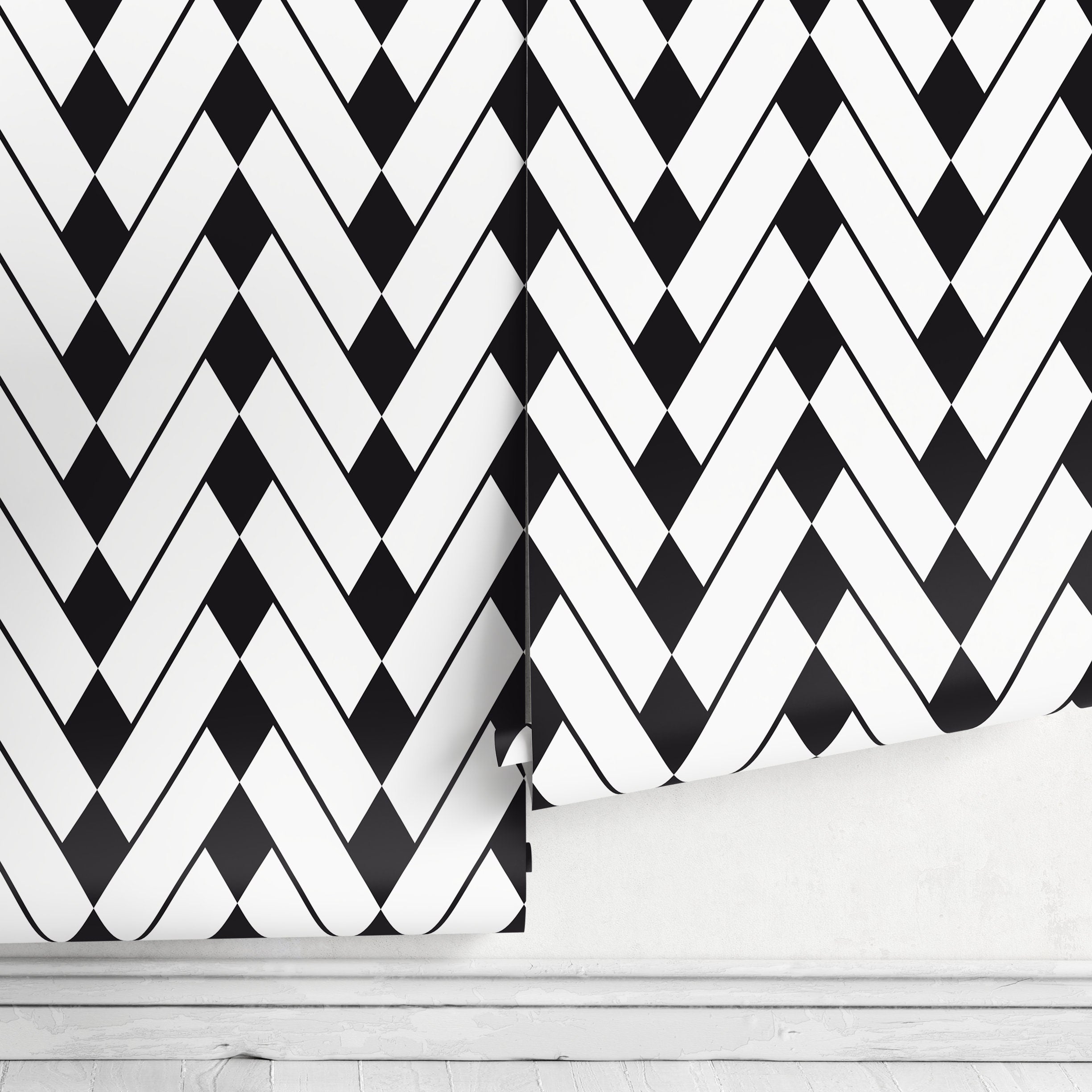 Geometric Wallpaper With A Diamond Chevron Motif In Black And White - A327