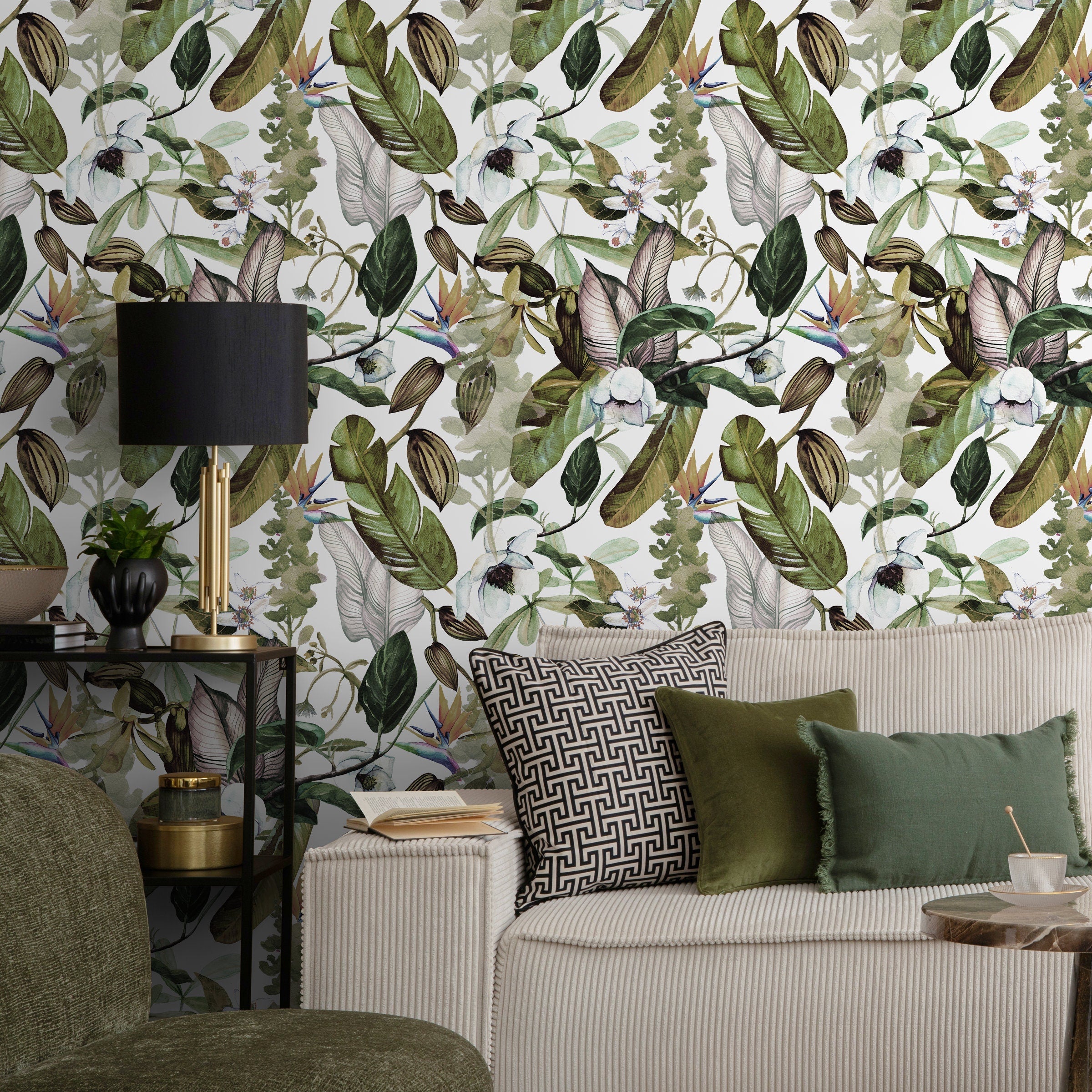 Botanical Wallpaper With A Lush Tropical Motif In Green, Brown, And Purple - A741