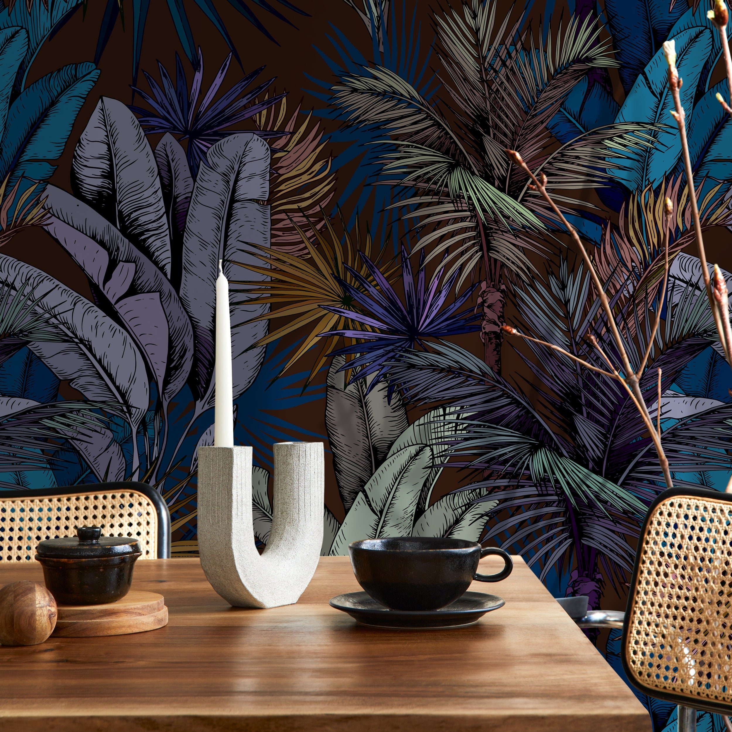Tropical Wallpaper With Lush Palm Fronds In Blue, Purple, And Gold - A763