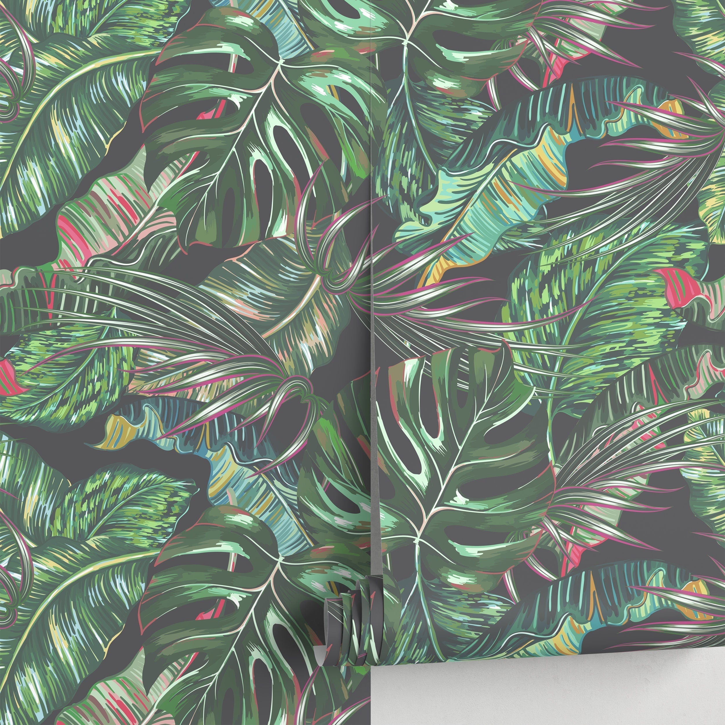 Tropical Wallpaper With A Lush Jungle Leaf Motif In Green And Pink - A777