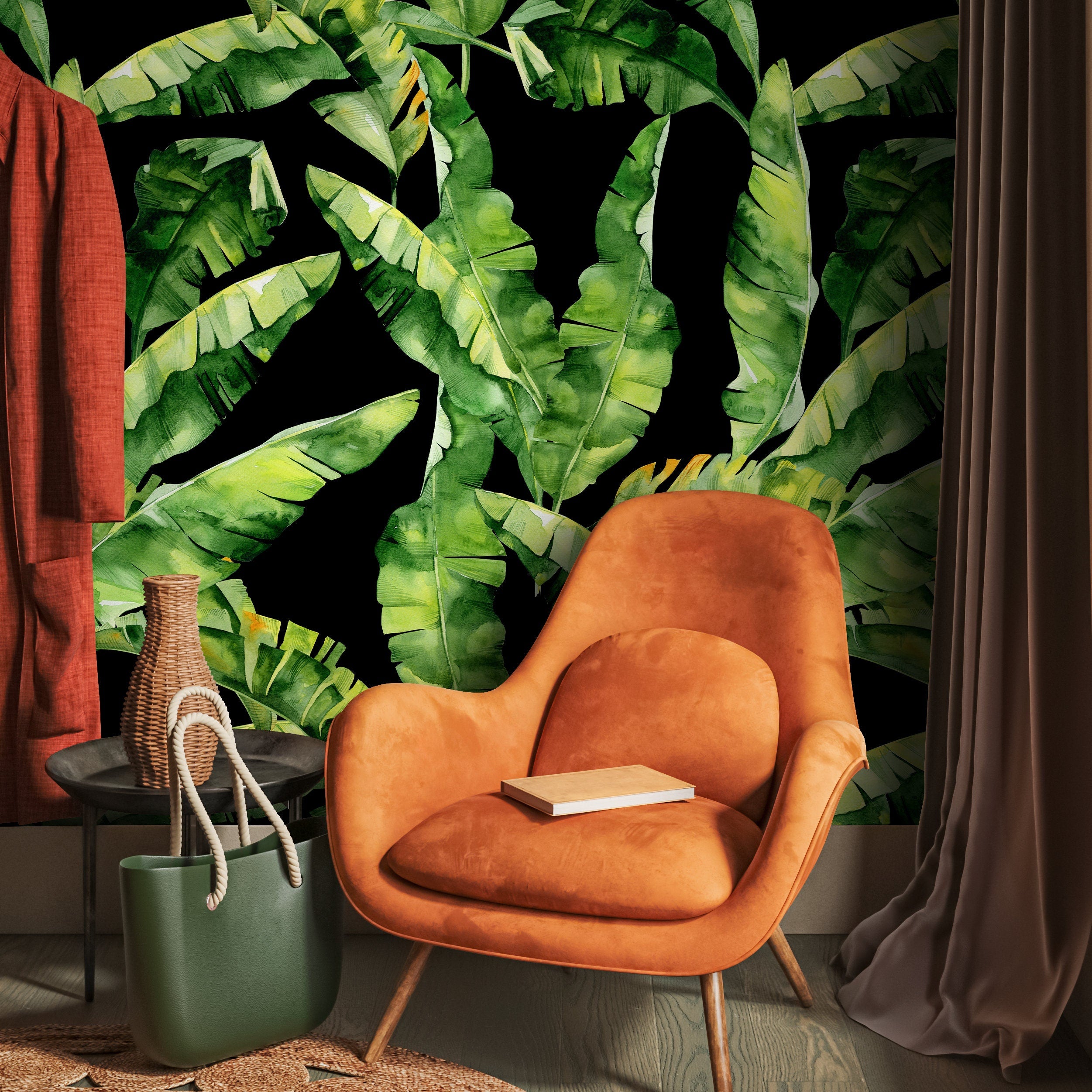 Tropical Wallpaper With Watercolor Banana Leaves In Green And Black - A266