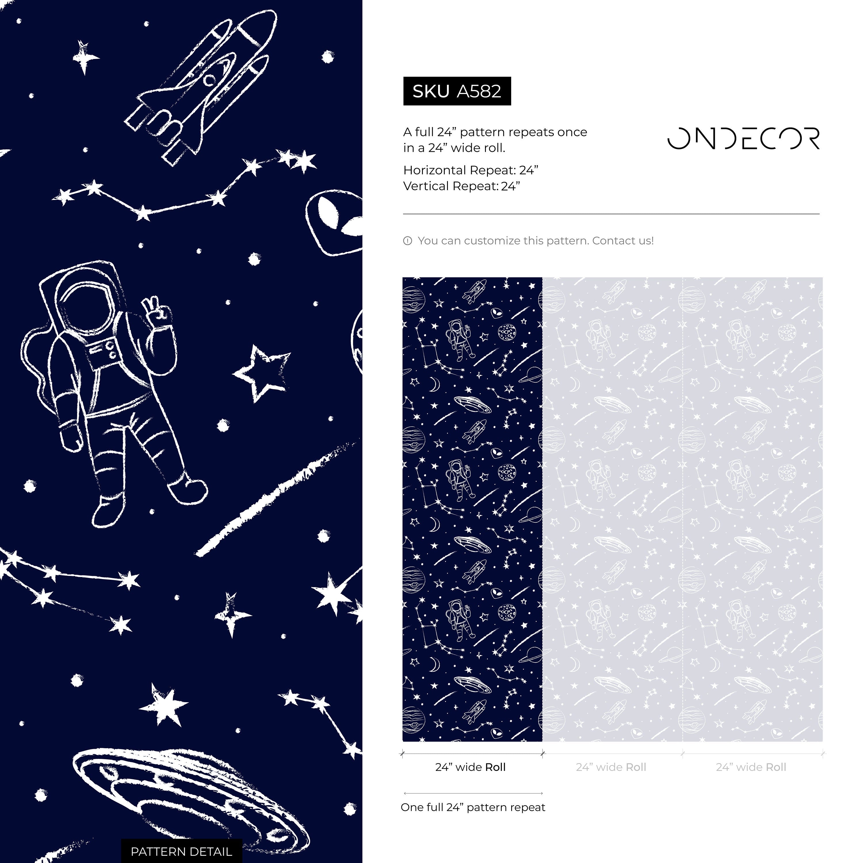Space Wallpaper With Hand-drawn Astronauts In Navy Blue And White - A582
