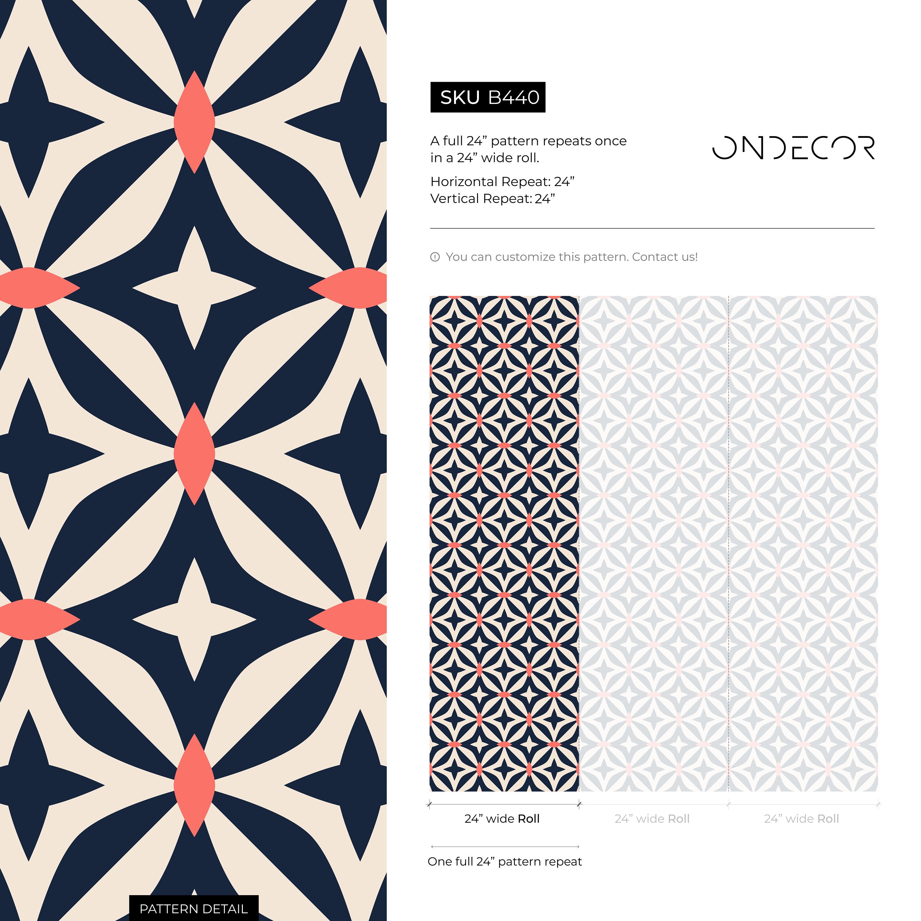 Geometric Wallpaper With A Retro Star Motif In Navy Blue And Coral - B440