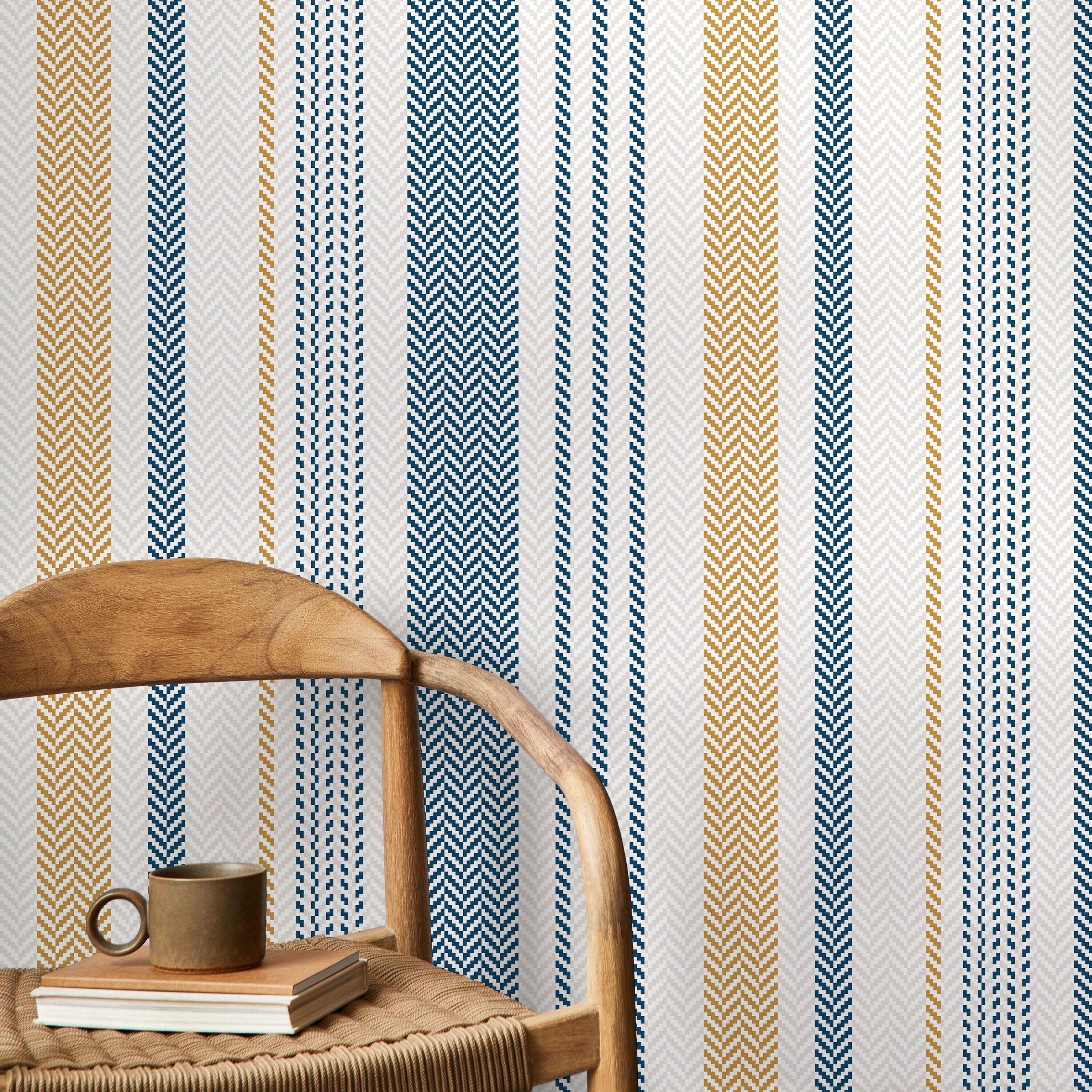 Striped Wallpaper With A Woven Herringbone Motif In Blue, Gold, And Gray - D803