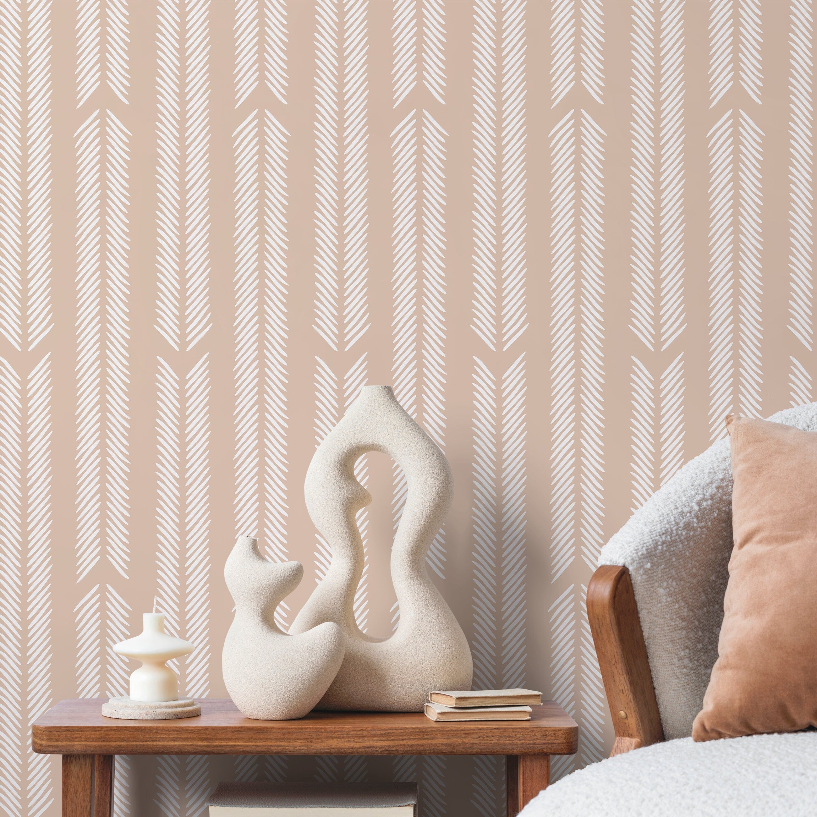 Herringbone Wallpaper With A Minimalist Arrow Motif In Beige And White - D799