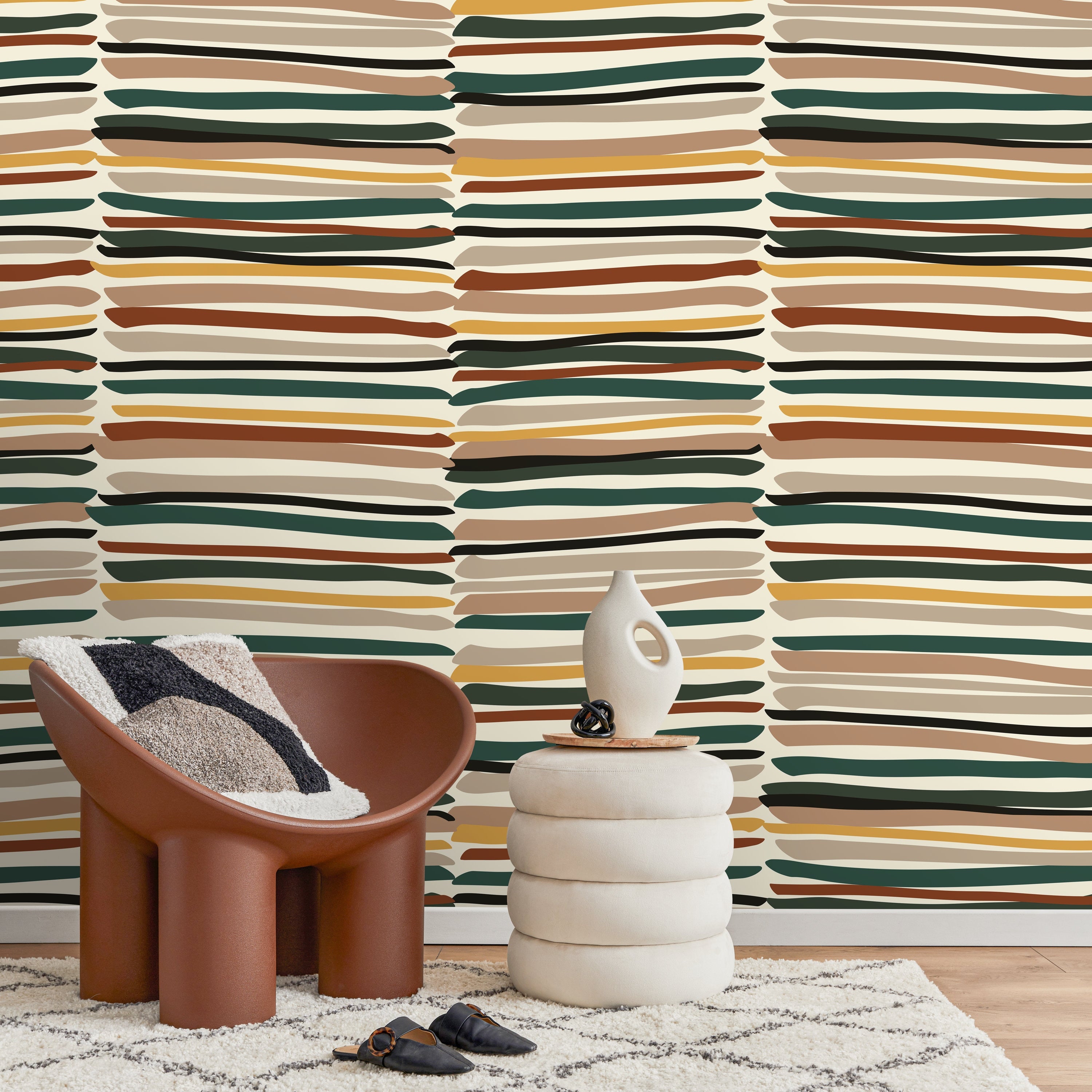 Abstract Wallpaper With Organic Brush Strokes In Green, Brown, And Yellow - D795