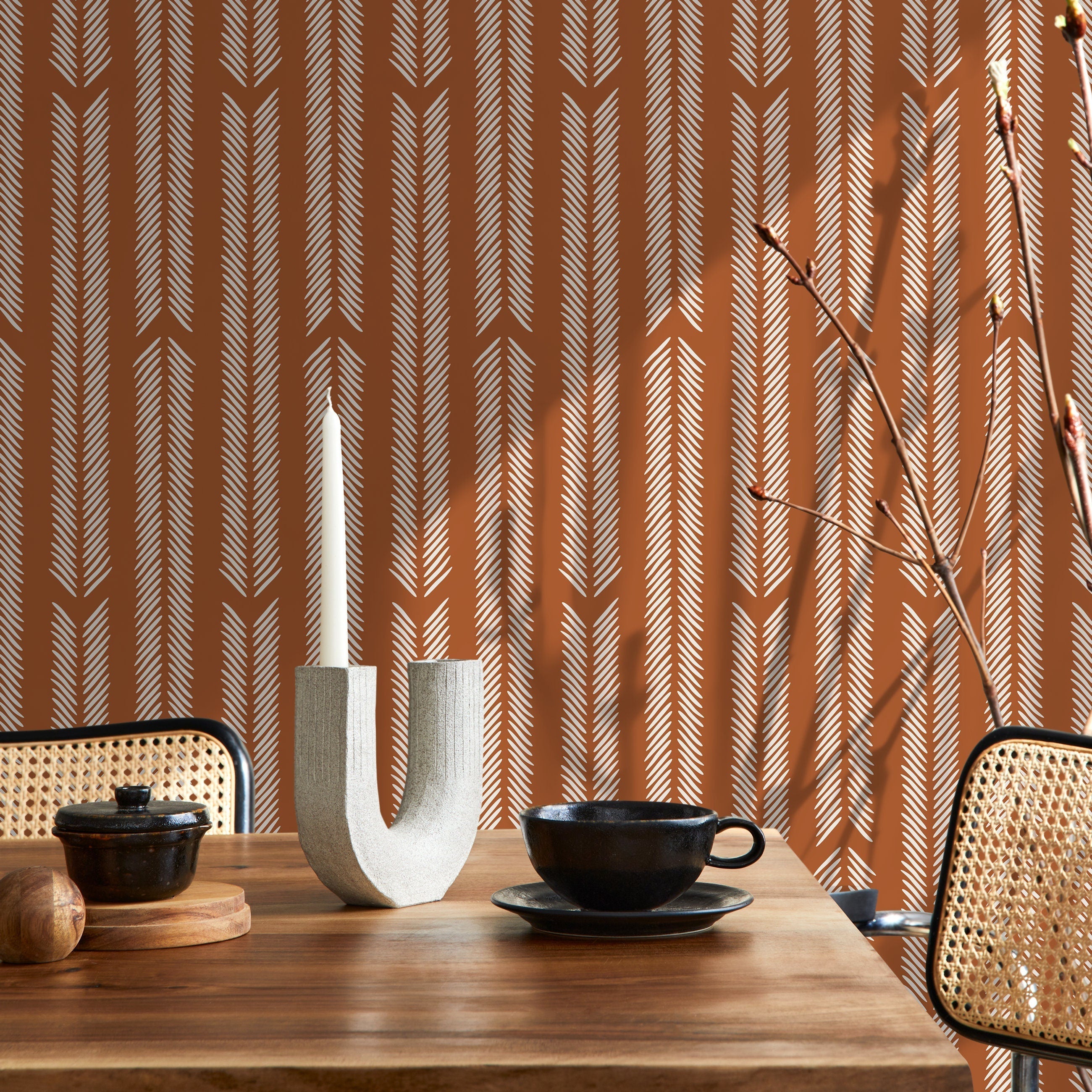 Herringbone Wallpaper With A Hand-drawn Motif In Terracotta And Off-white - D802