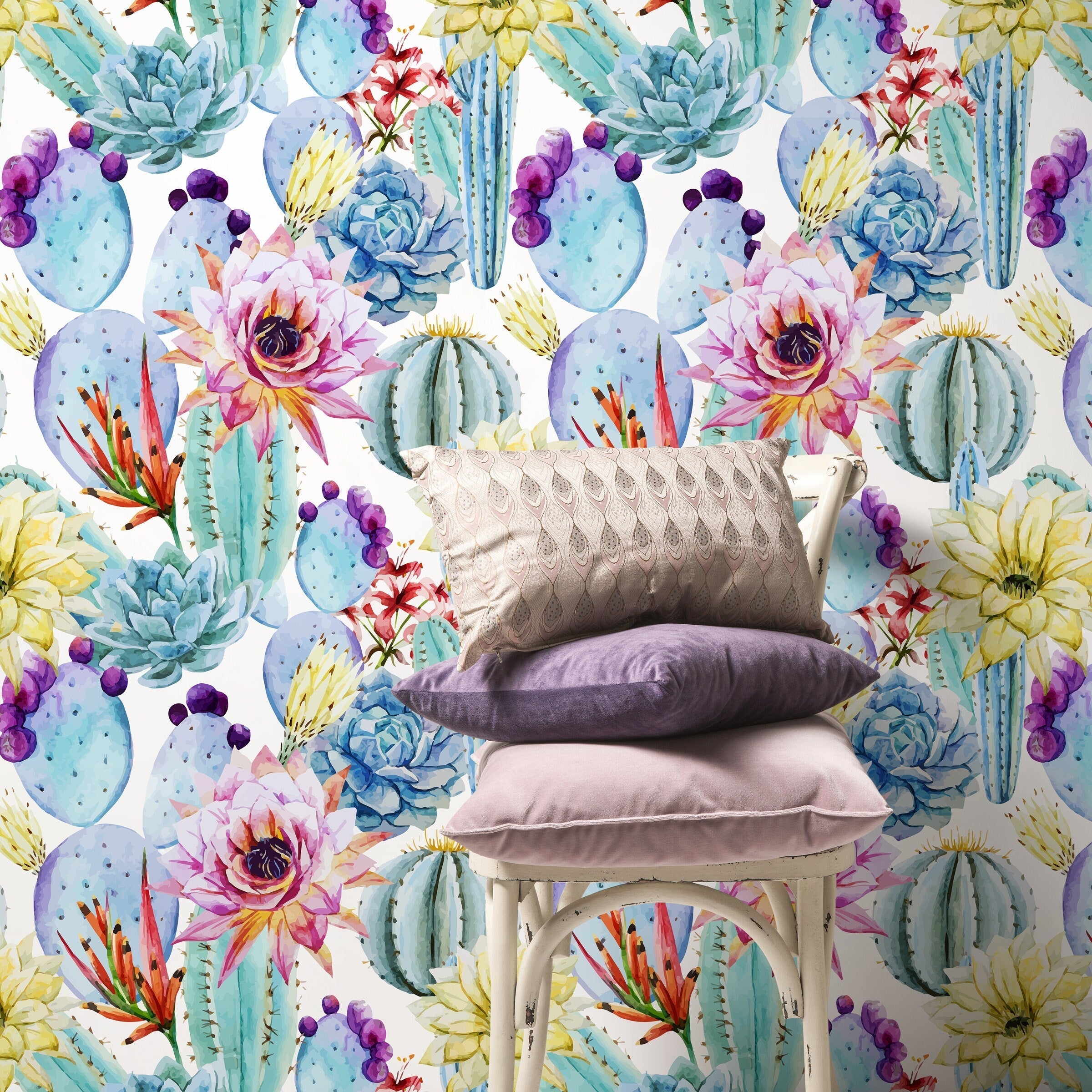 Cactus Wallpaper With A Watercolor Floral Motif In Blue, Pink, And Yellow - A304