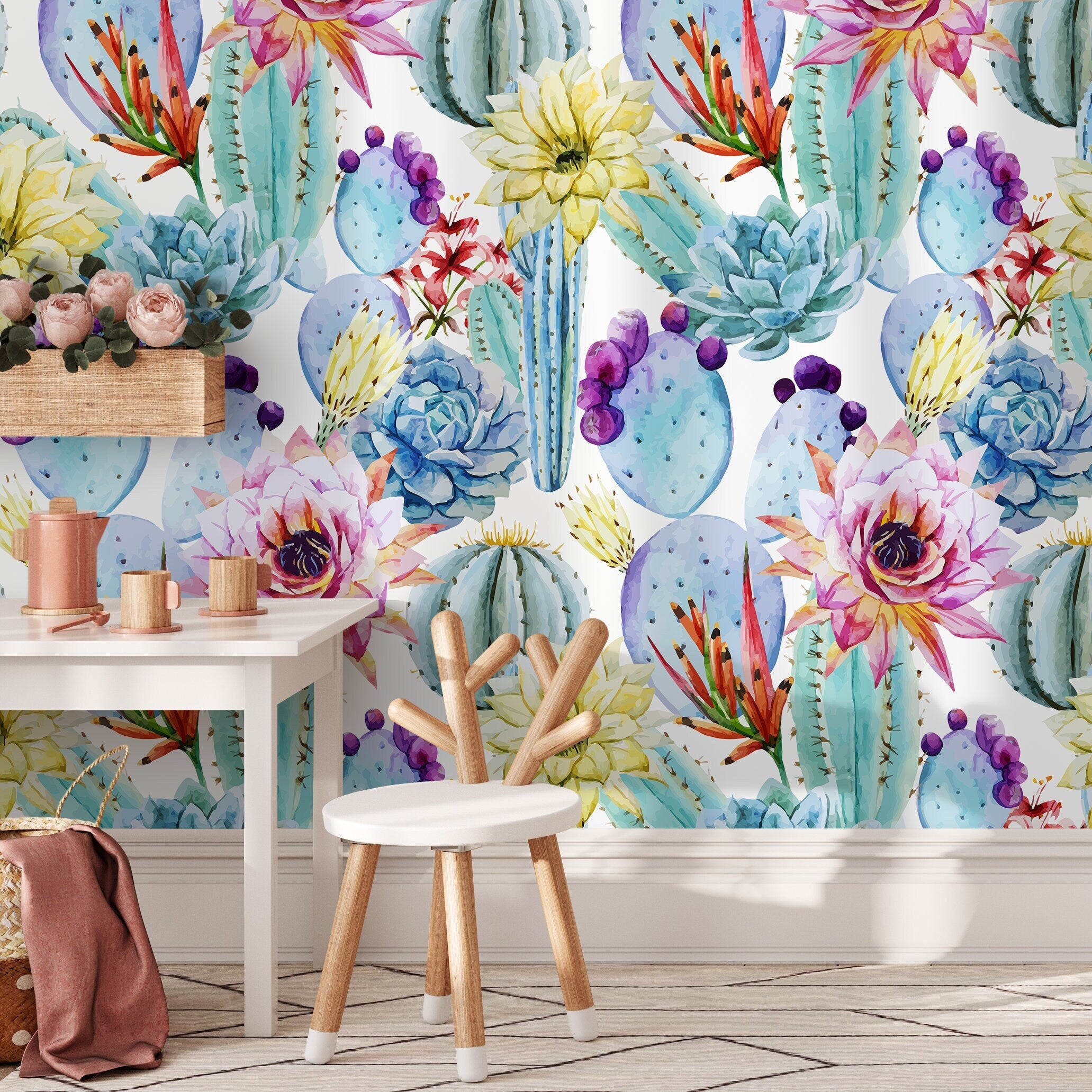 Cactus Wallpaper With A Watercolor Floral Motif In Blue, Pink, And Yellow - A304