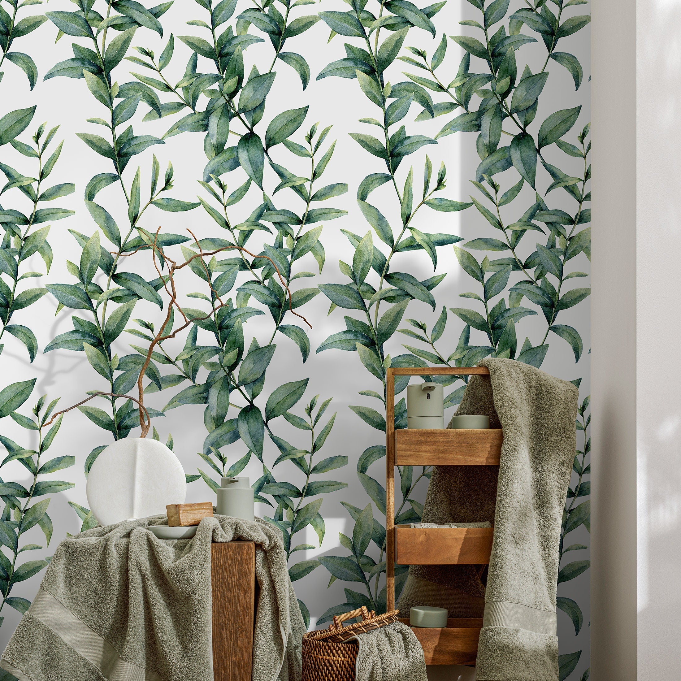 Botanical Wallpaper Featuring Watercolor Greenery In Green - A651