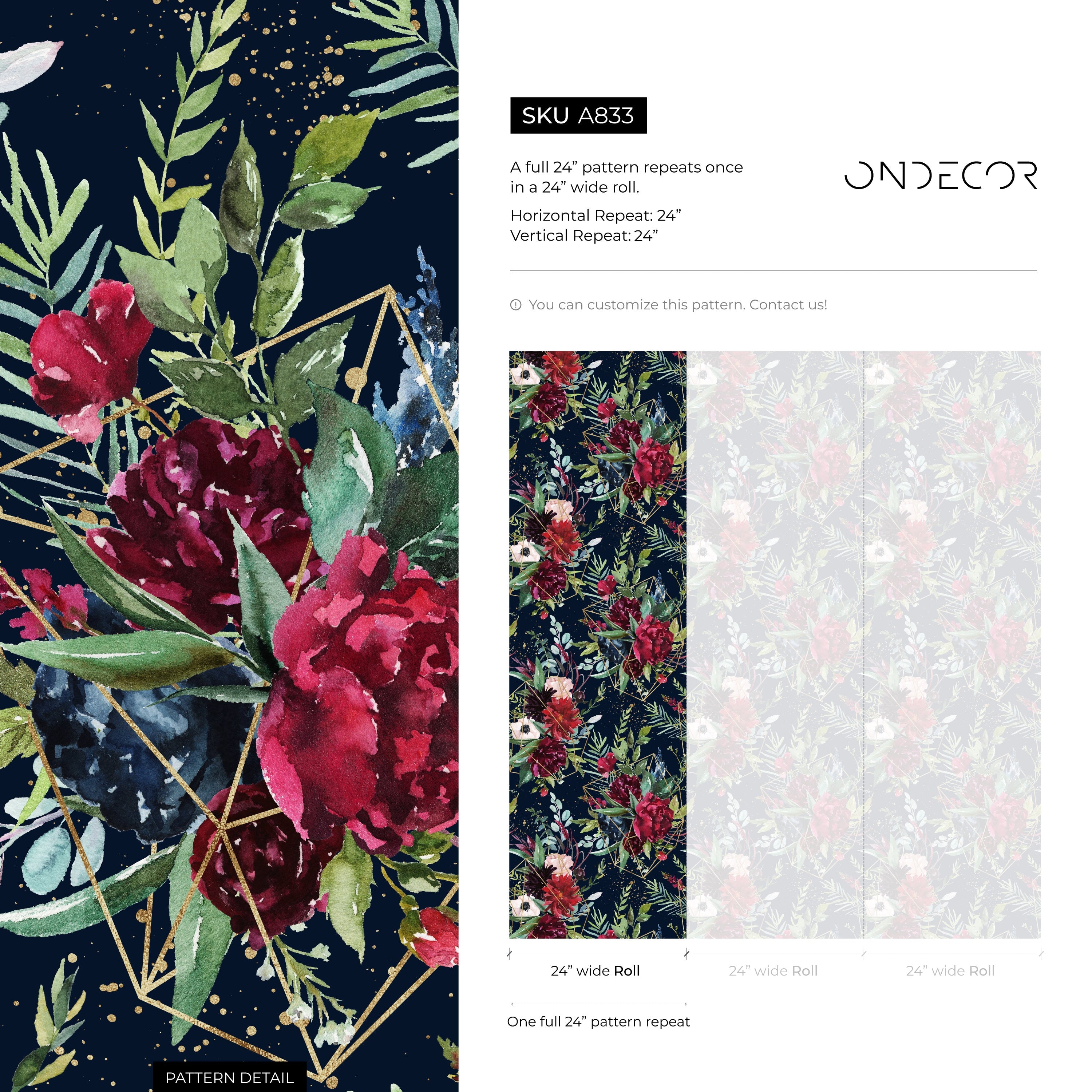 Floral Wallpaper With Geometric Gold Lines In Navy, Red, And Green - A833