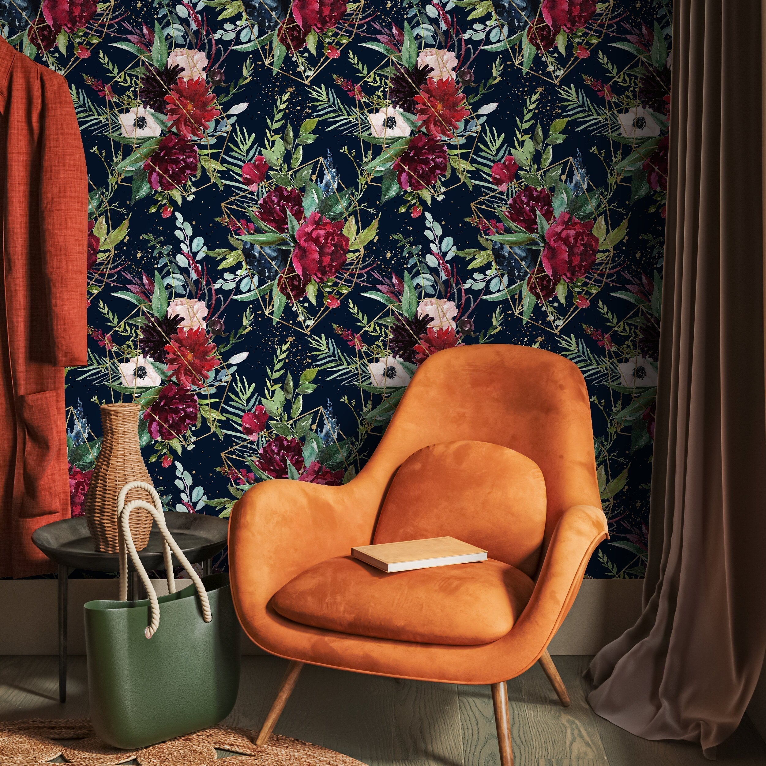 Floral Wallpaper With Geometric Gold Lines In Navy, Red, And Green - A833
