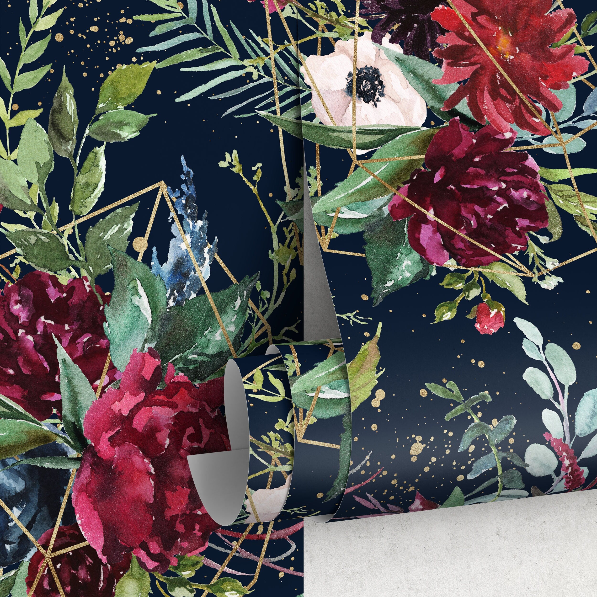 Floral Wallpaper With Geometric Gold Lines In Navy, Red, And Green - A833