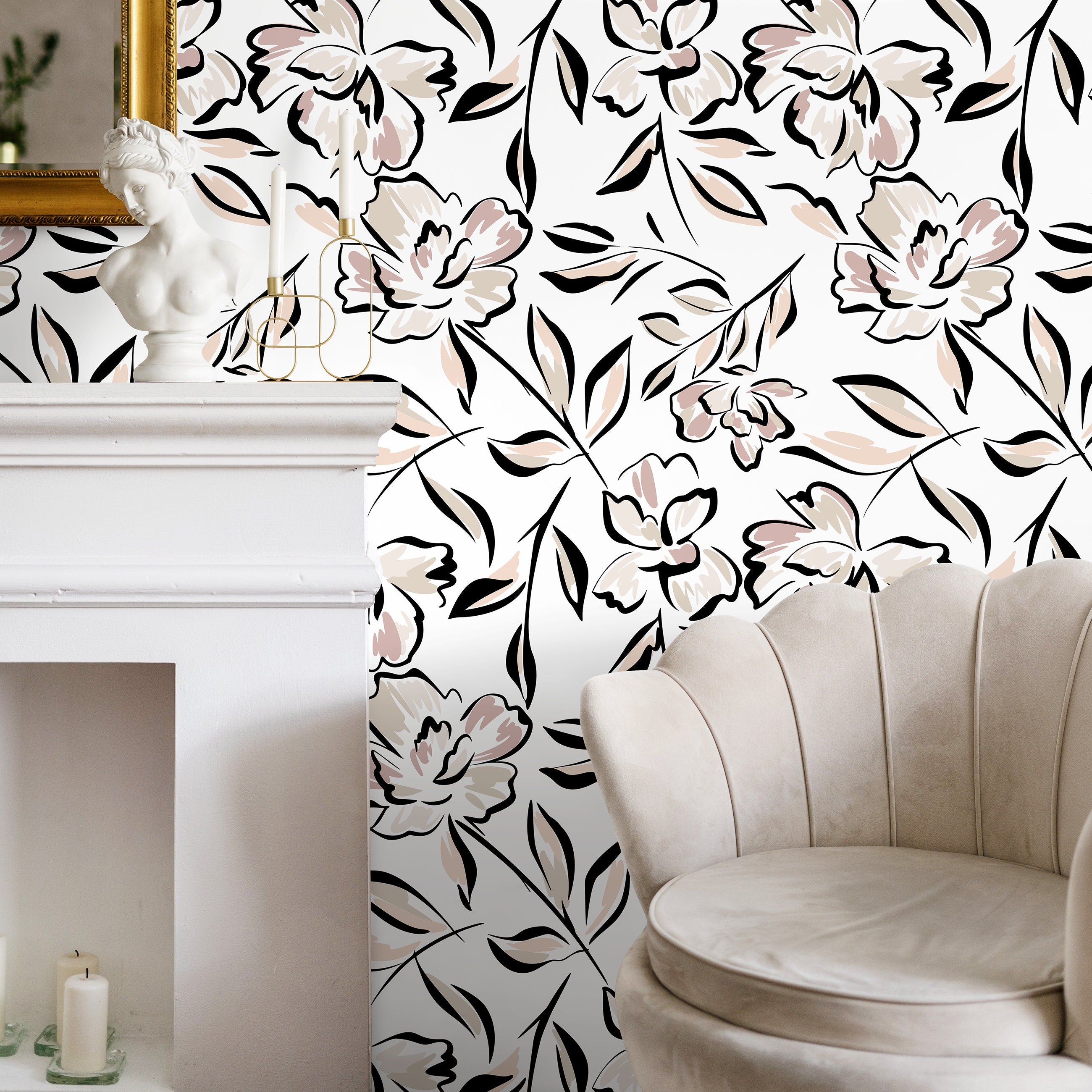 Floral Wallpaper With A Bold Line Art Motif In Black, Pink, And Beige - D964
