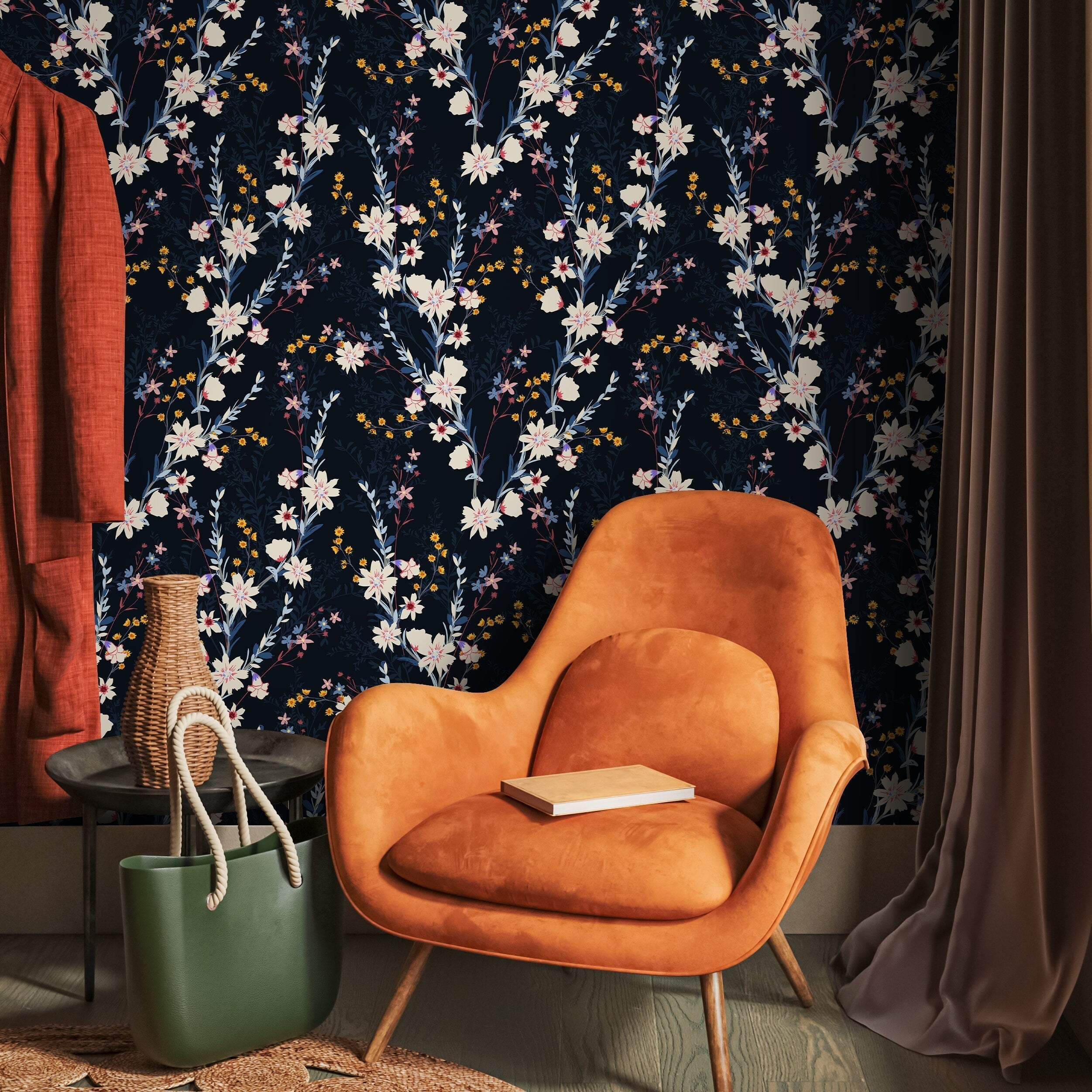 Floral Wallpaper With Delicate Wildflowers In Blue, Cream, And Yellow - D965