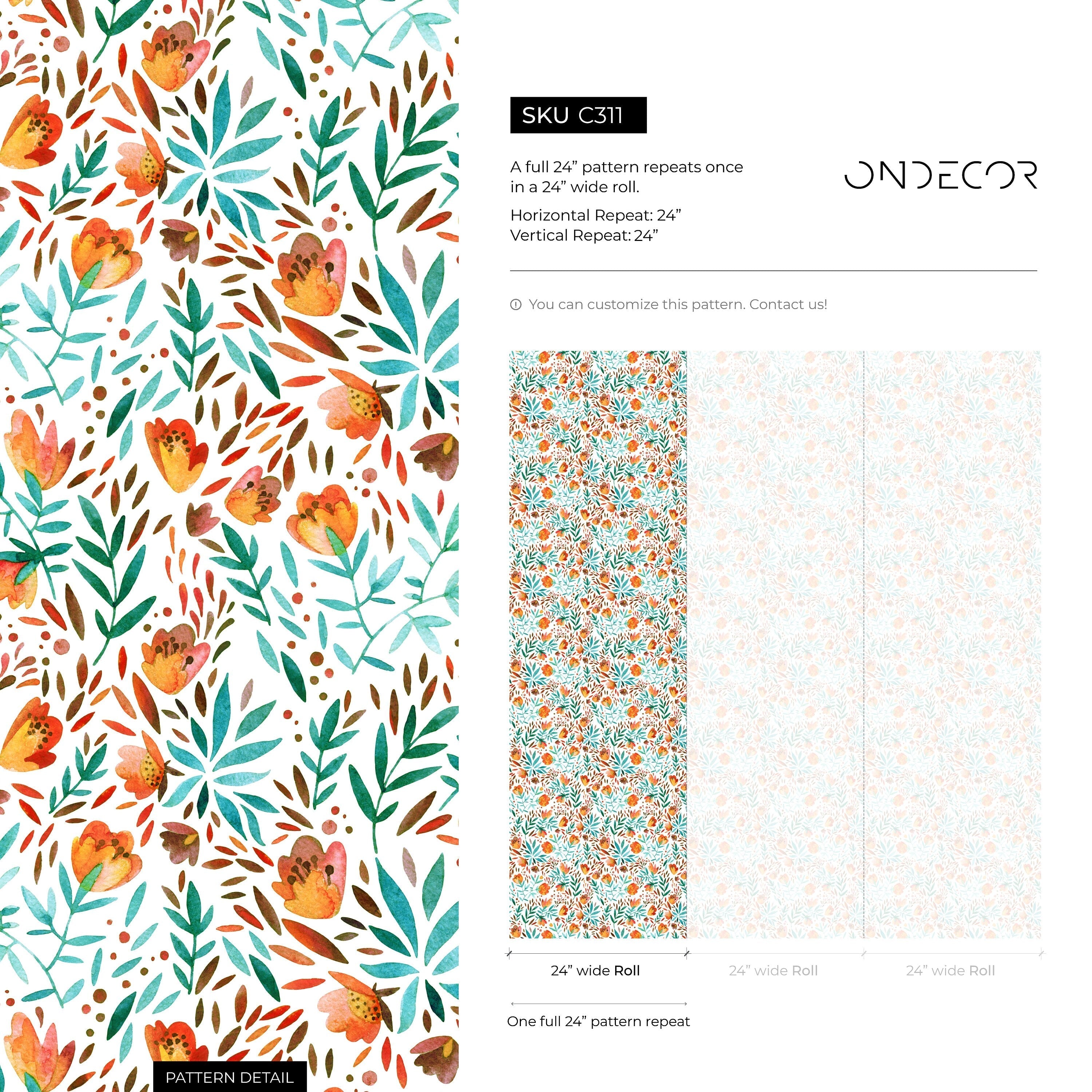 Floral Wallpaper With A Watercolor Botanical Motif In Orange, Teal, And Green - C311
