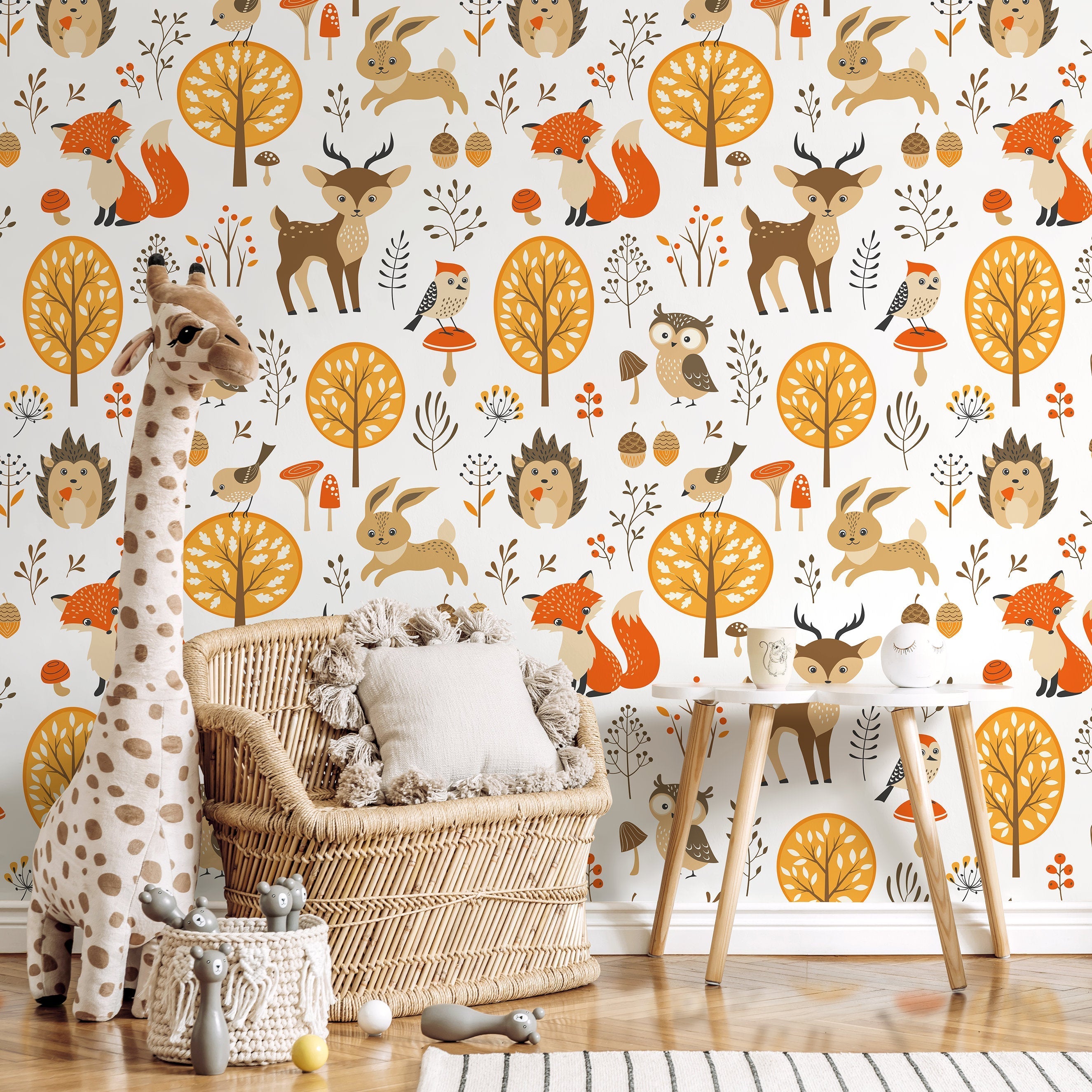 Woodland Wallpaper Featuring Forest Animals In Orange, Brown, And Yellow - A082