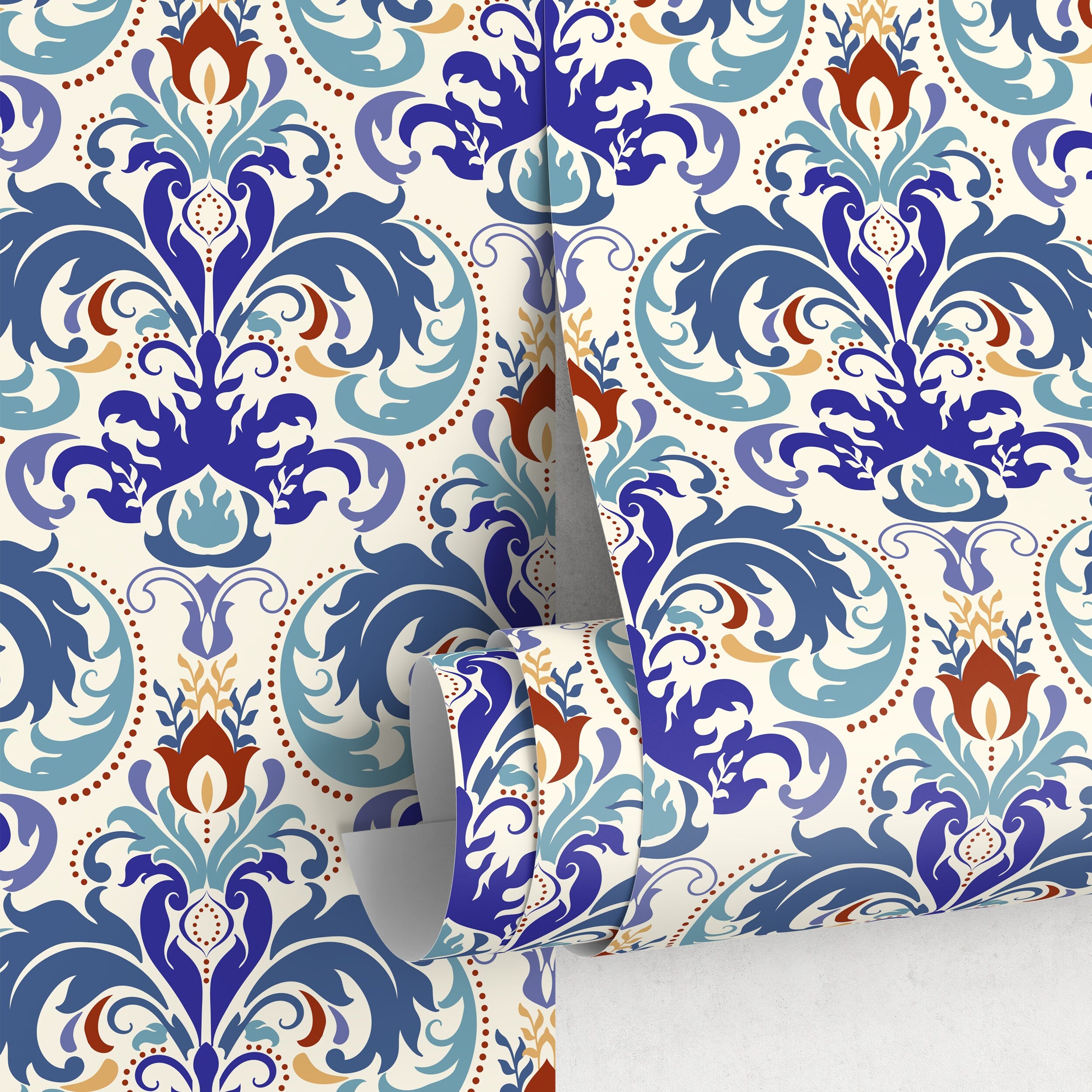 Damask Wallpaper With An Ornate Floral Motif In Blue, Red, And Gold - A119