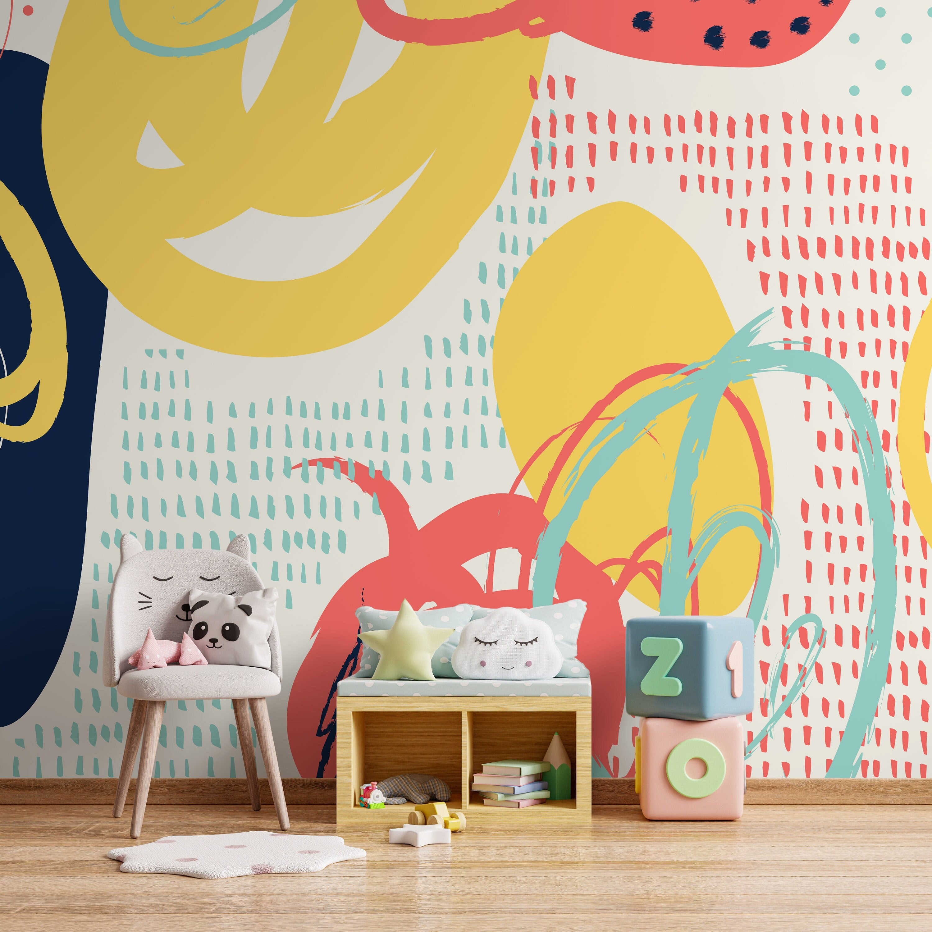 Abstract Wallpaper With Bold Artistic Shapes In Coral, Yellow, And Teal - A745