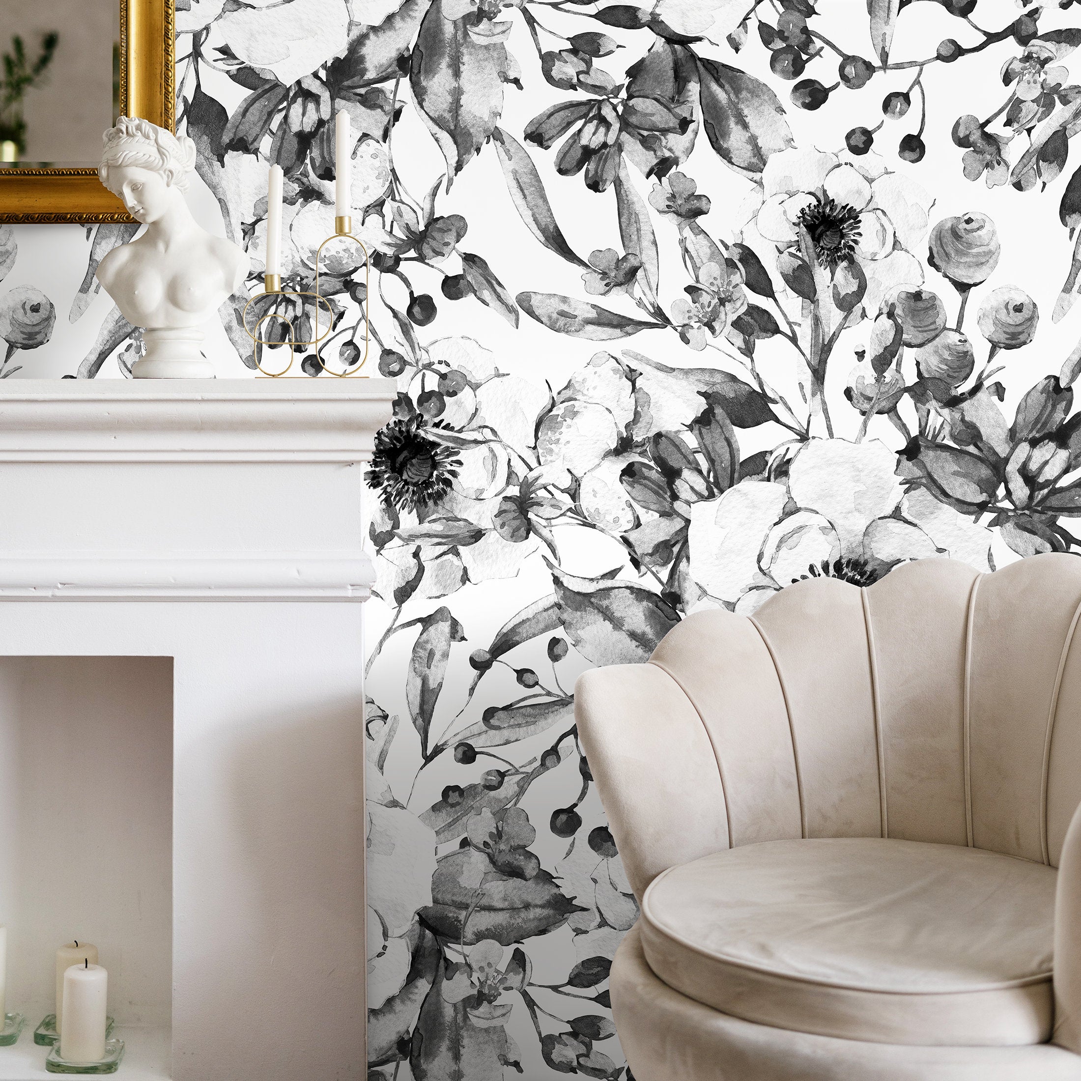 Floral Wallpaper With A Watercolor Anemone Motif In Black And White - A752
