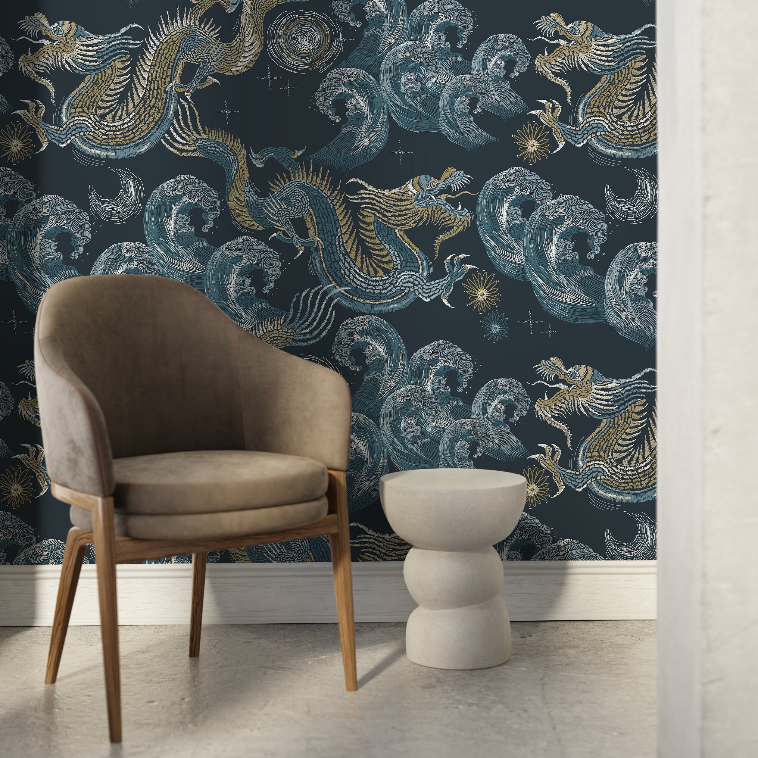Chinoiserie Wallpaper With Mythical Dragons And Waves In Blue, Gold, And White - D876