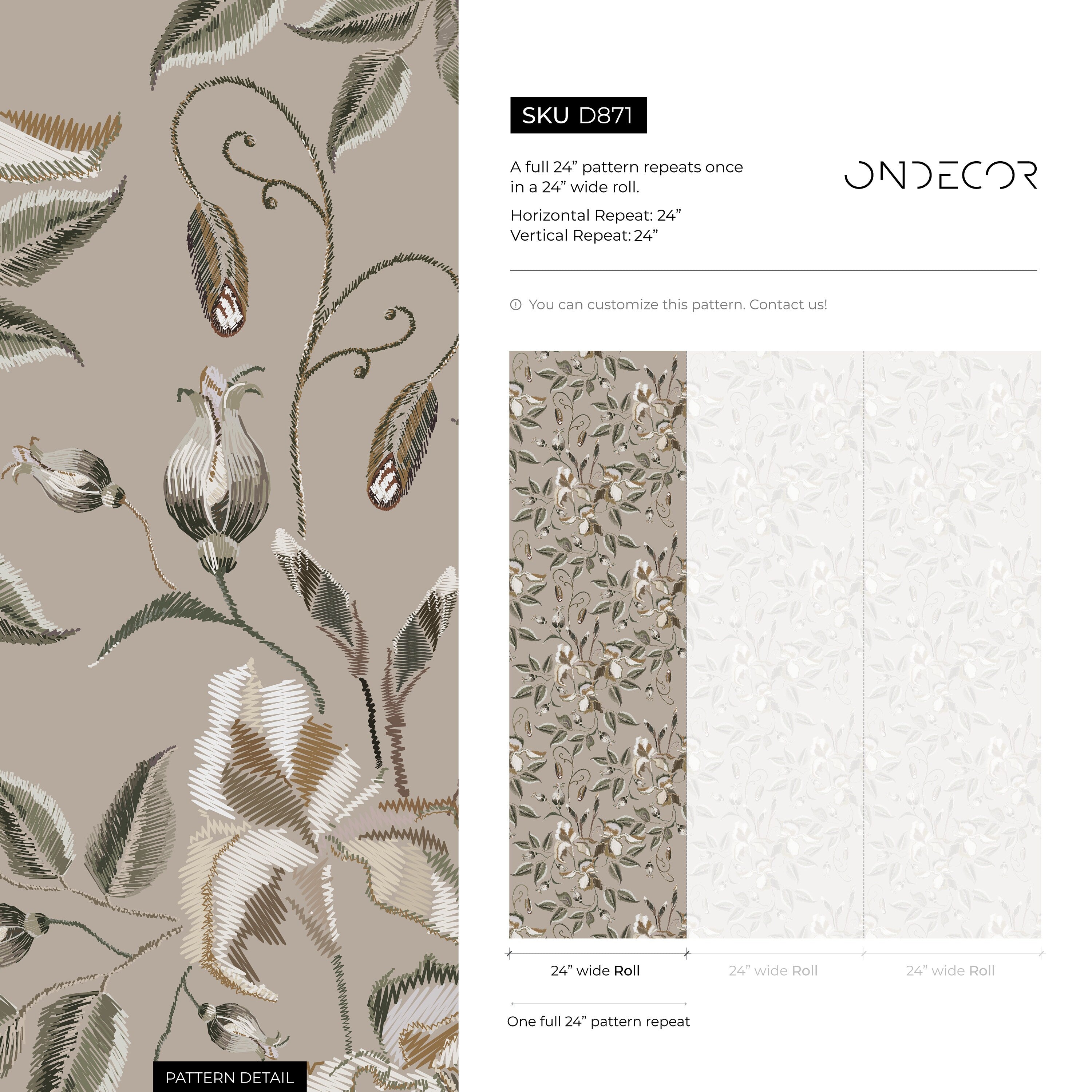 Floral Wallpaper With An Embroidered Motif In Green, Brown, And White - D871