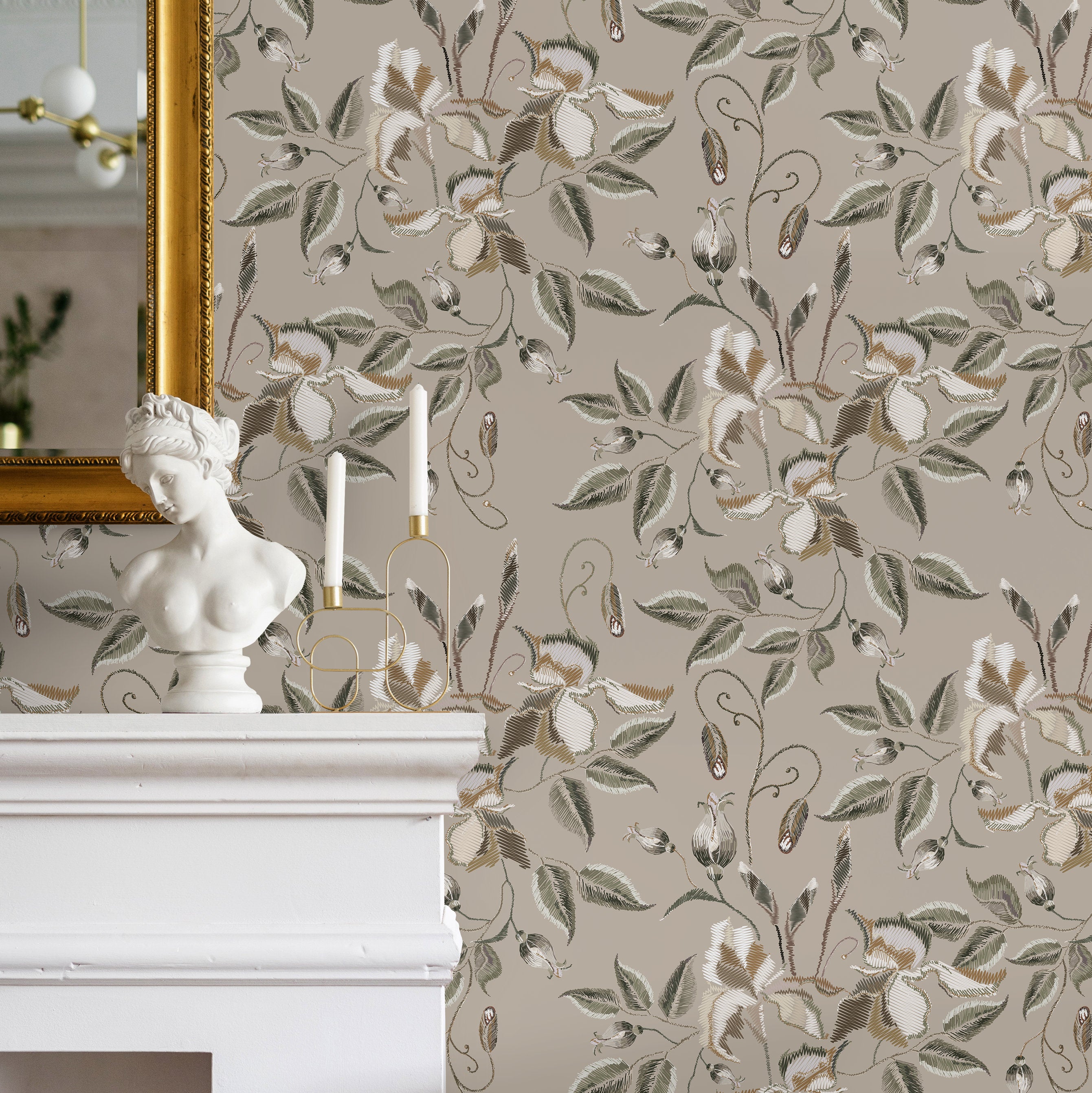 Floral Wallpaper With An Embroidered Motif In Green, Brown, And White - D871