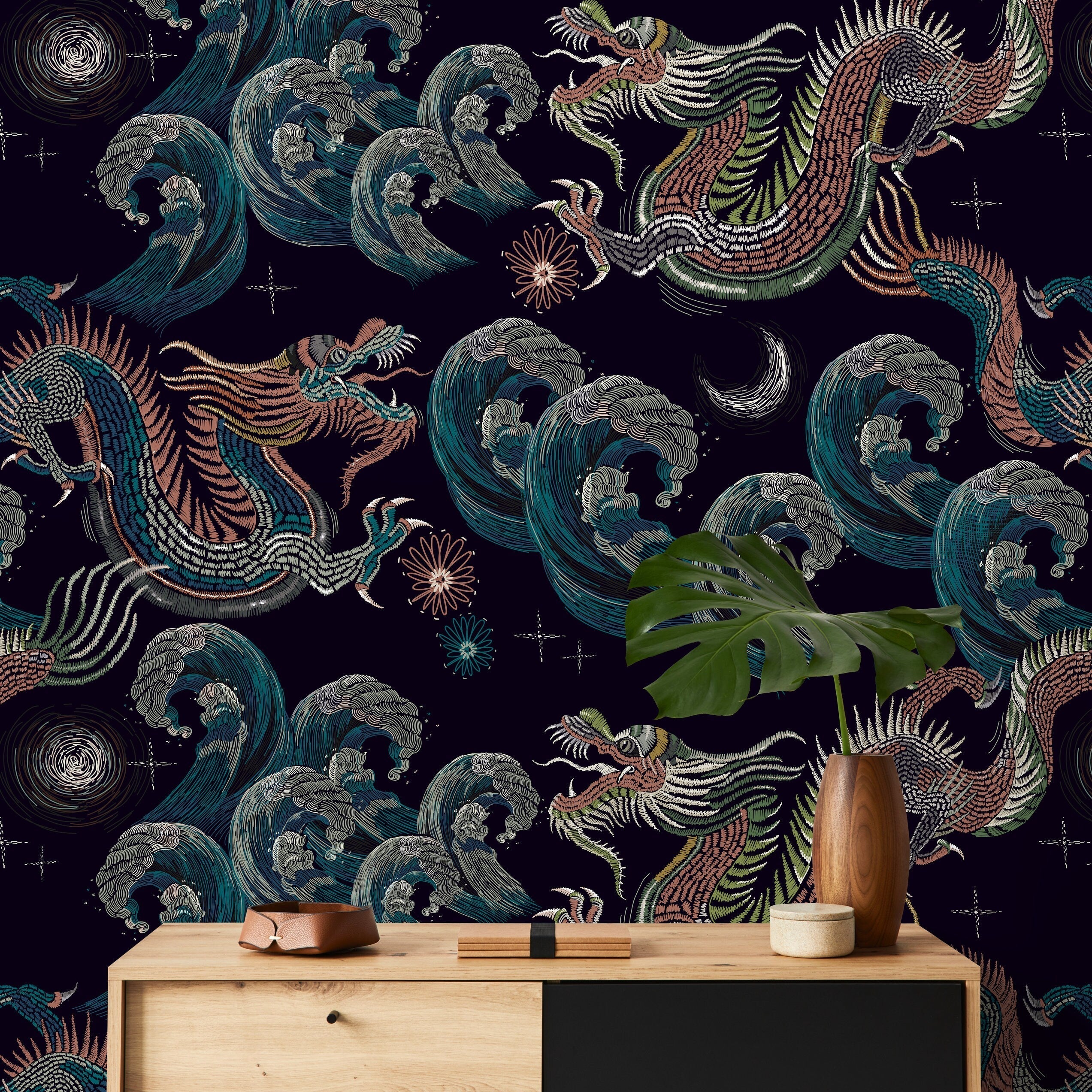Chinoiserie Wallpaper With An Embroidered Dragon Motif In Teal, Terracotta, And Navy - D878