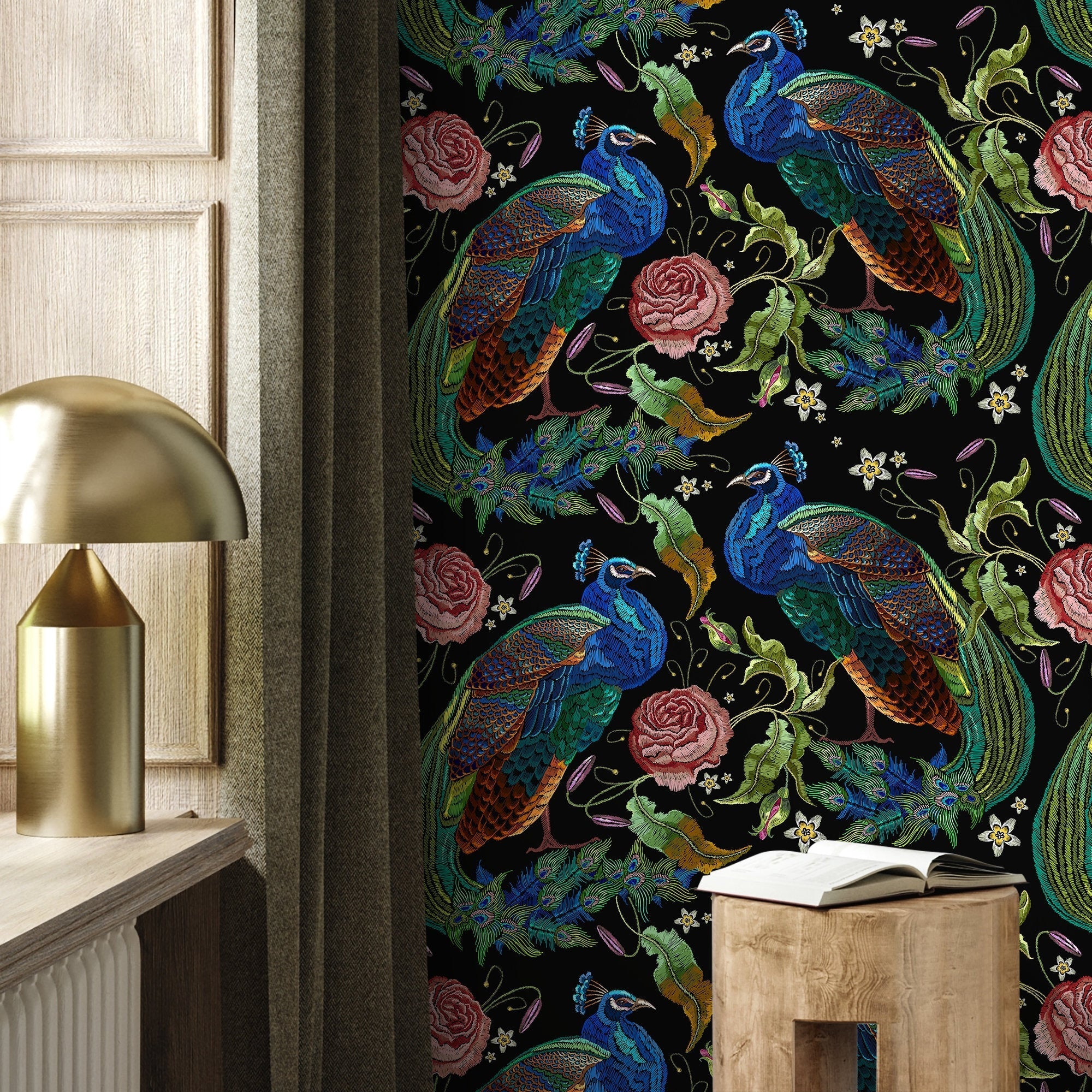 Peacock Wallpaper With An Embroidered Floral Motif In Blue, Green, And Pink - D882