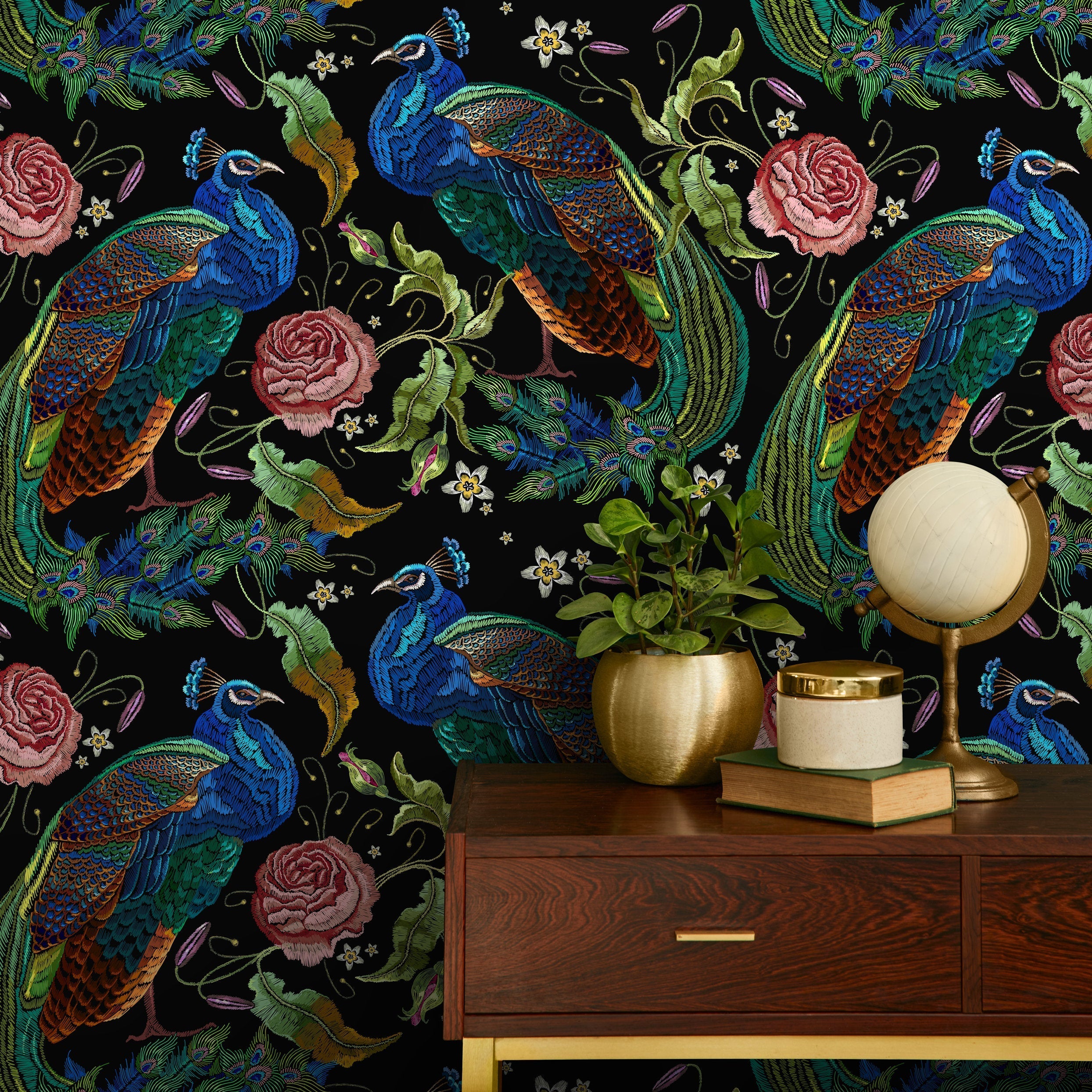 Peacock Wallpaper With An Embroidered Floral Motif In Blue, Green, And Pink - D882