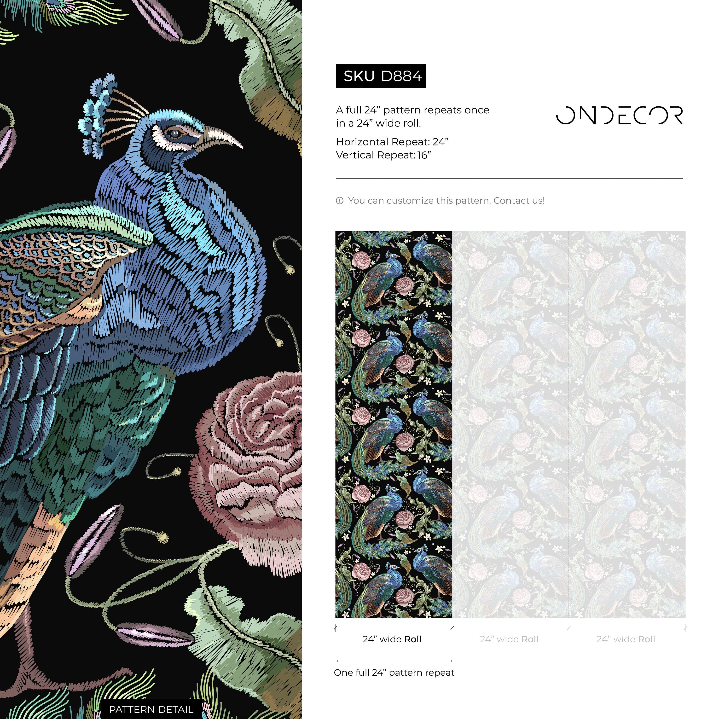 Floral Wallpaper With Embroidered Peacocks And Roses In Black, Blue, And Pink - D884