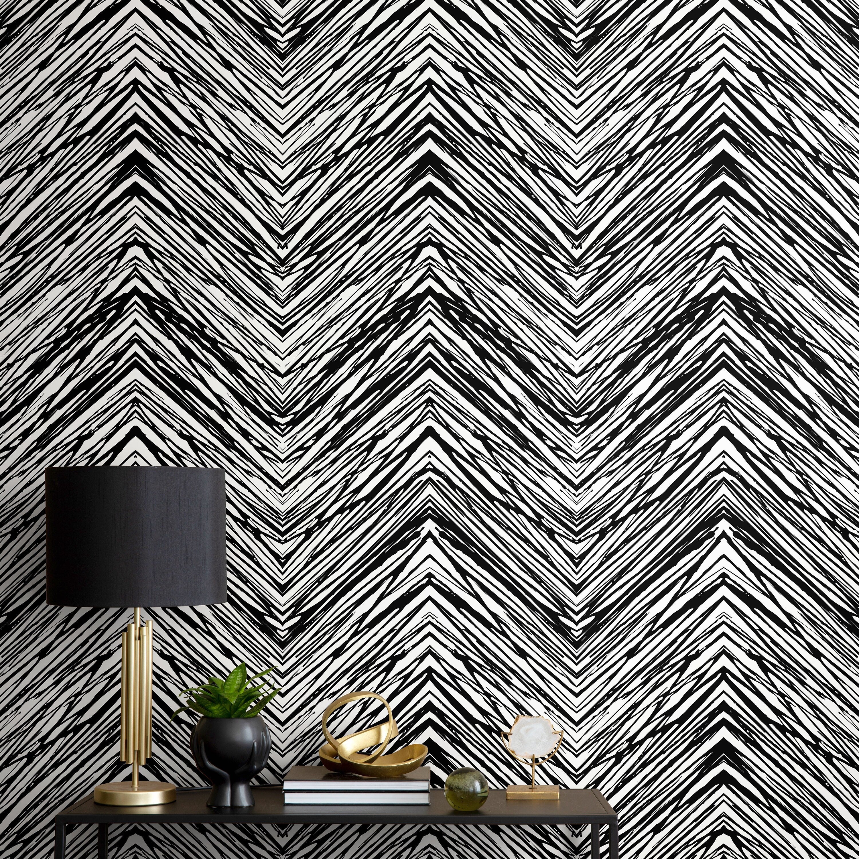 Geometric Wallpaper With A Sketched Chevron Motif In Black And White - D935