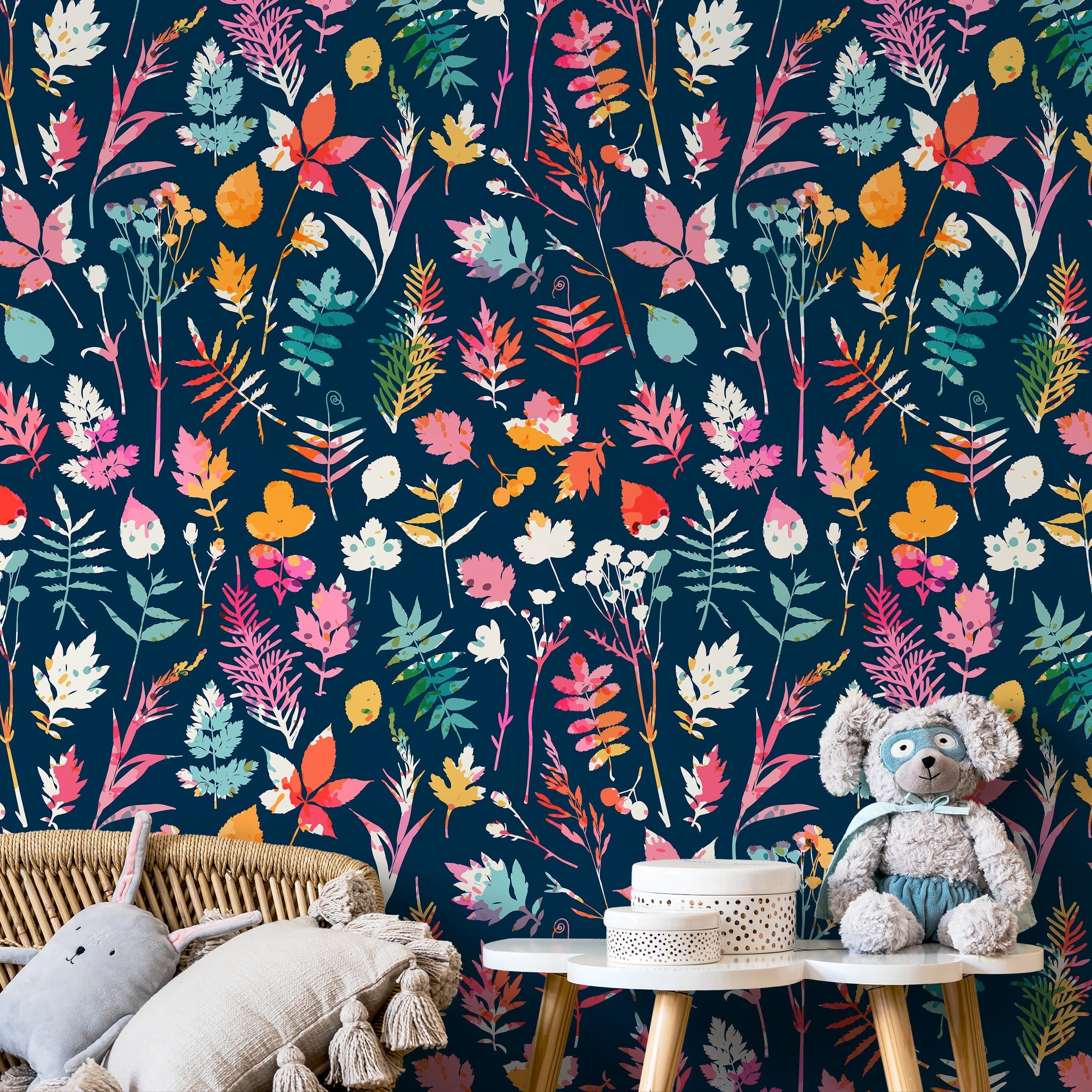 Botanical Wallpaper Featuring Colorful Foliage In Pink, Orange, And Blue - D936