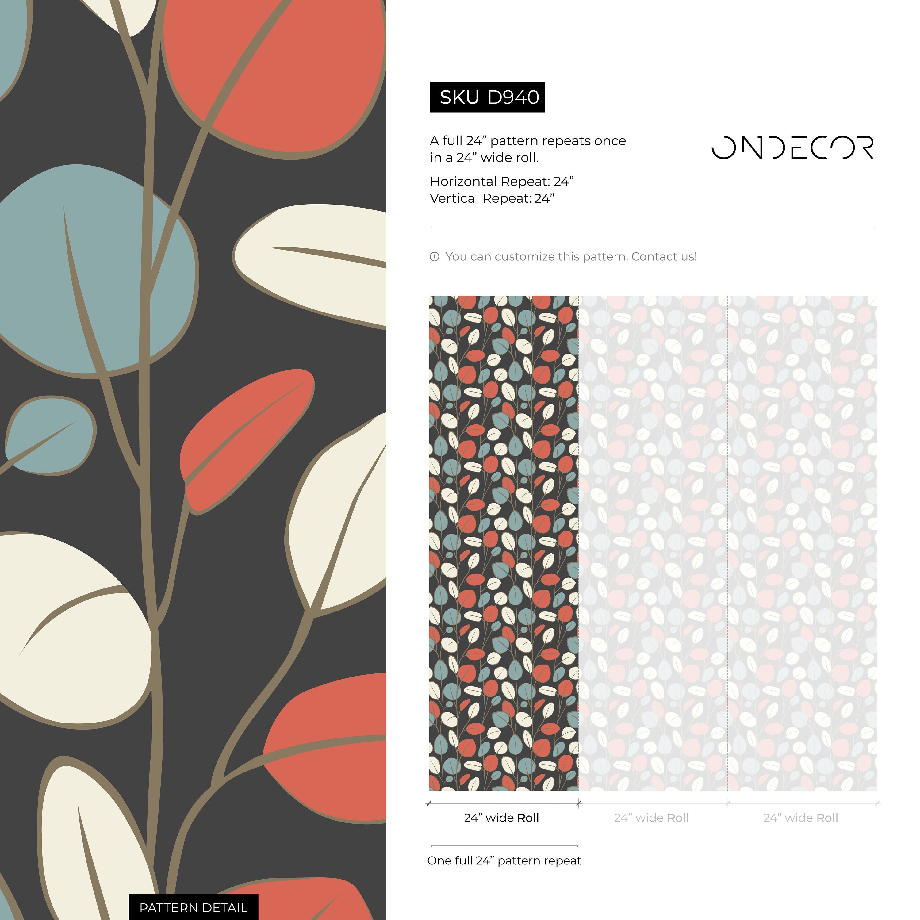 Botanical Wallpaper With Modern Leaves In Terracotta, Blue, And Beige - D940